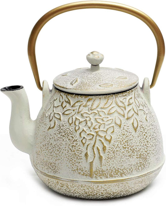 Tea Kettle, TOPTIER Japanese Cast Iron Teapot with Infuser for Loose Leaf and Tea Bags, Stovetop Safe Cast Iron Tea Kettle Coated with Enameled Interior for 40 oz (1200 ml), Beige