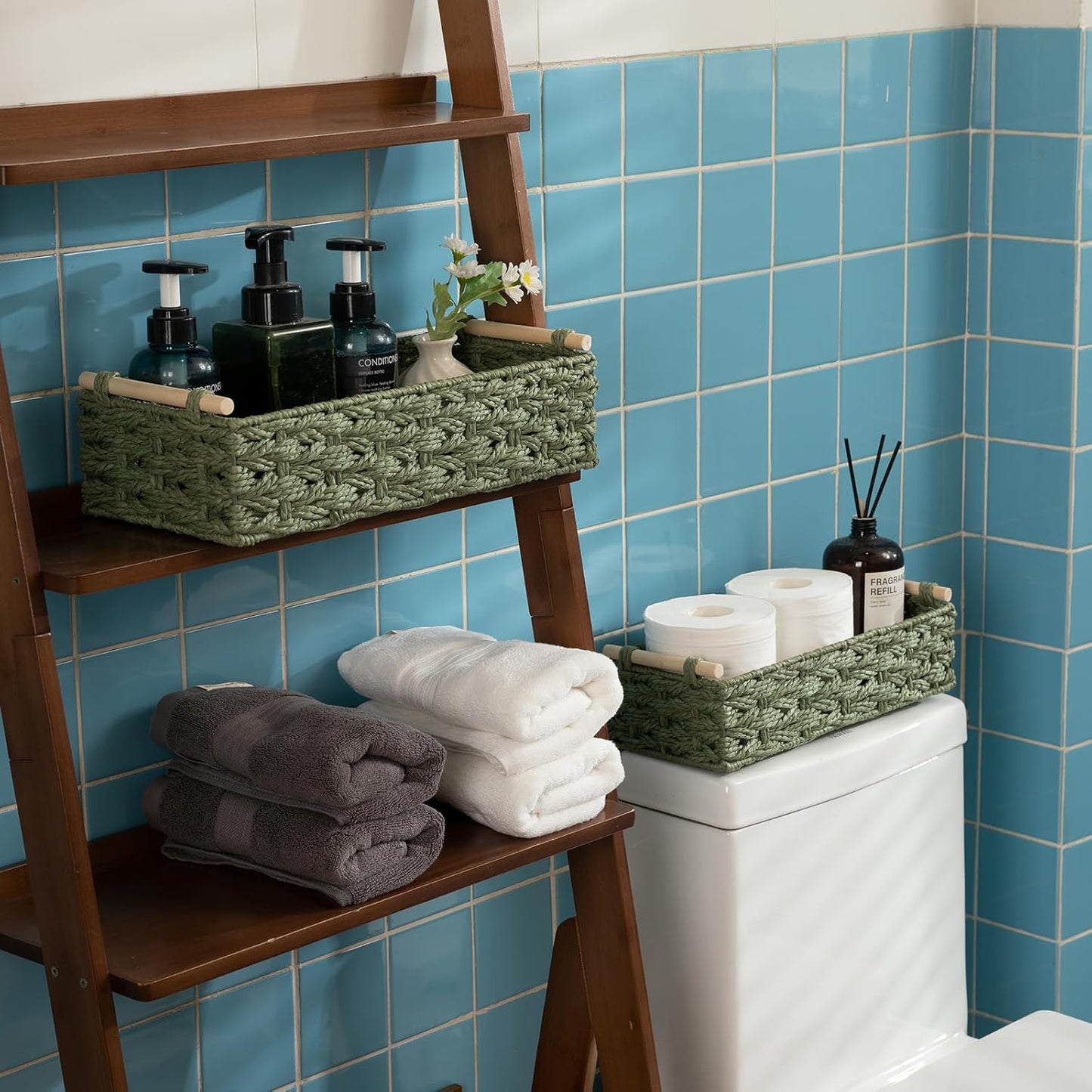 OIAHOMY Toilet Paper Baskets Handmade Paper Rope Decorative Wicker Storage Tank Shelf Cabinet Organizer for Bathroom Home, Set of 2, Green