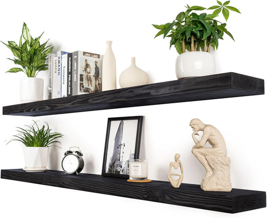 60 inch Black Floating Shelves for Wall 8 -inch deep Set of 2, Heavy Duty Solid Wood Wall Mounted Shelves for Living Room Kitchen with Thickened Hidden Bracket