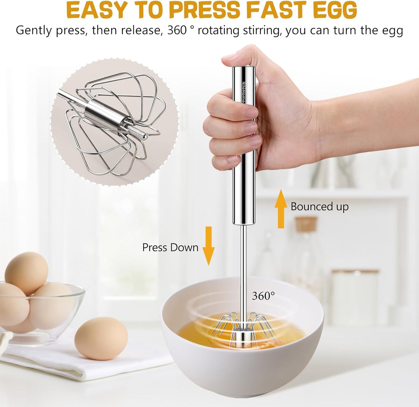 NileHome Stainless Steel Whisk Set 8" 10" Hand Blender + 12" Semi-Automatic Rotary Kitchen Whisk Kitchen Wisk Wire Whisks for Cooking, Whisking, Blending, Beating, Stirring- 3 Pack...