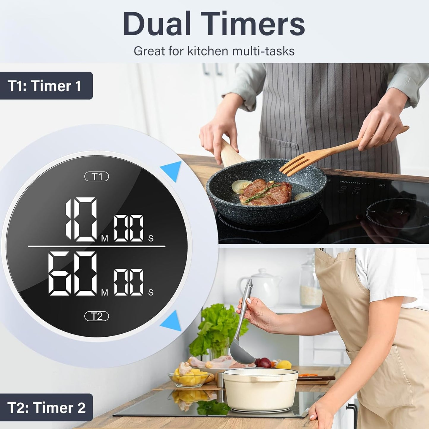 Dual Digital Kitchen Timer for Cooking, 199 Minutes Countdown & Stopwatch, Timer for Fridge, Big Digits, High-Definition Display, Easy Rotary Adjustment, 3 Volumes, 2 Brightness Levels, White