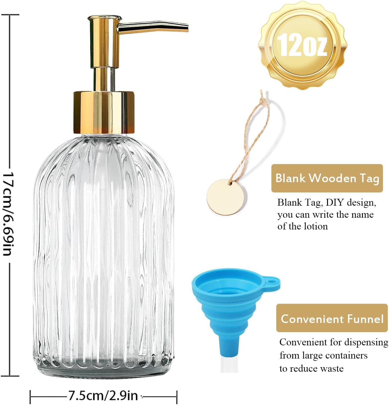 14Oz Gold Pump Glass Soap Dispenser, Clear Stripe Countertop Refillable Liquid Bottle Hand Dish Lotion Dispenser with Plastic Pump, for Kitchen, Bathroom