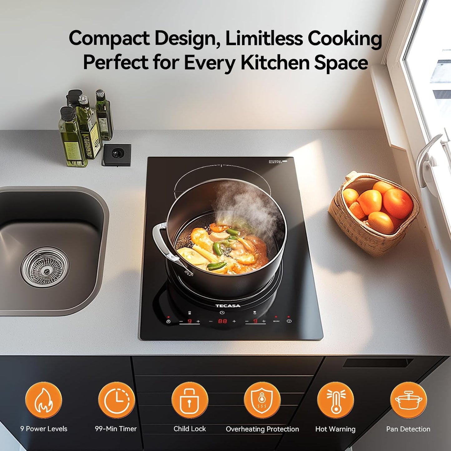 12 Inch Induction Cooktop 3500W, TECASA Built-in Electric Stove with 2 Boost Burners, Compatible with Magnetic Cookers, Timer & Child Safety Lock, 9 Power Levels