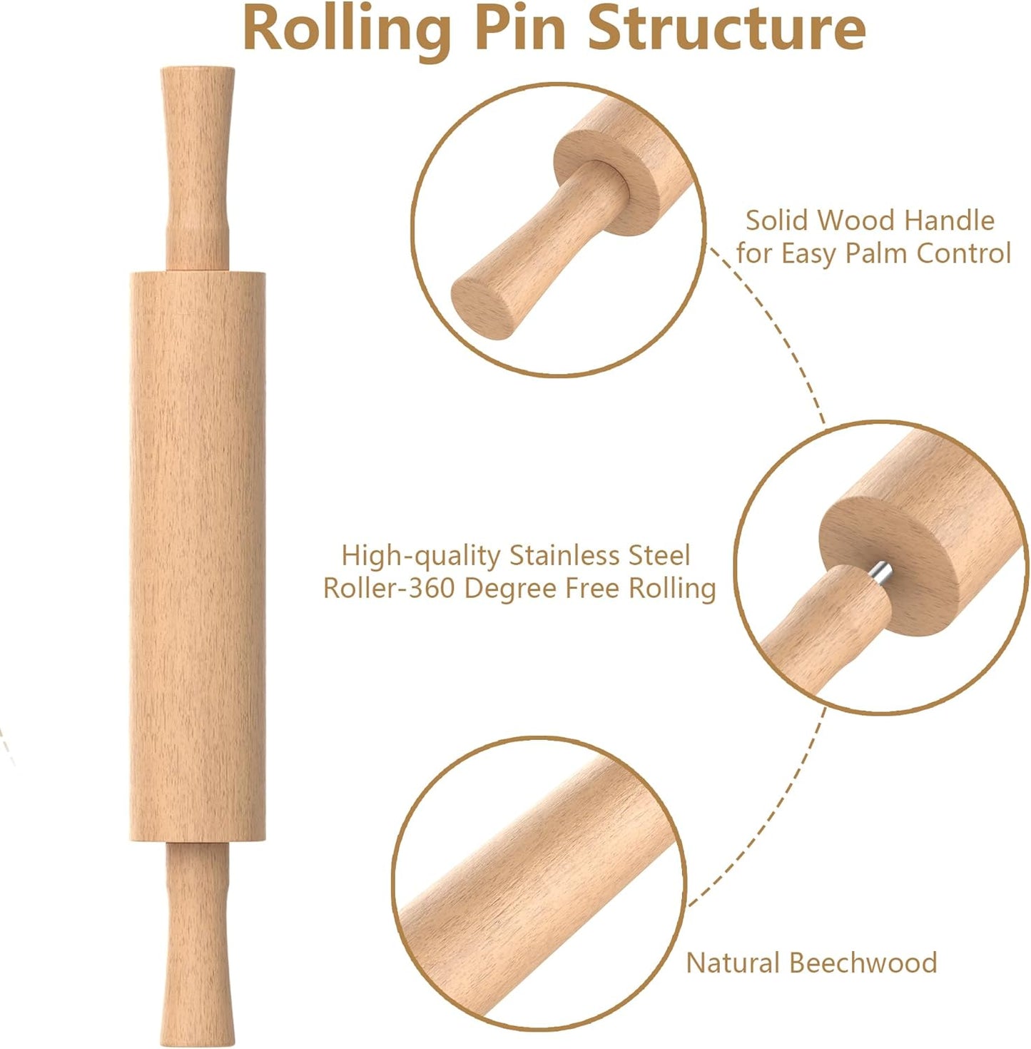 Classic Wooden Rolling Pin with Handle for Fondant, Pizza, Pies, Cookies, Pastries, Rolling Pin for Baking with 3 Multi-Color Thickness Rings, 17"x2.5" (Include handle) Beechwood Rolling Pin