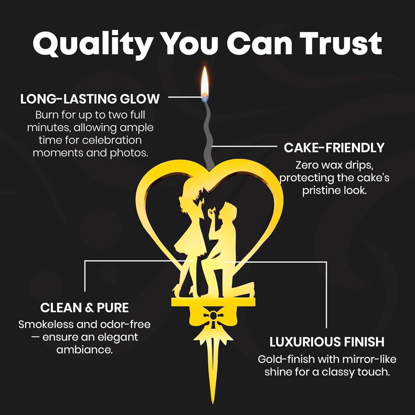 Bride and Groom Reusable Gold Romantic Cake Candle - Luxury Cake Topper Candle for Birthdays, Weddings & Anniversaries - Reusable Food Safe Acrylic, Shiny Mirror Finish - Happy Birthday Cake Topper