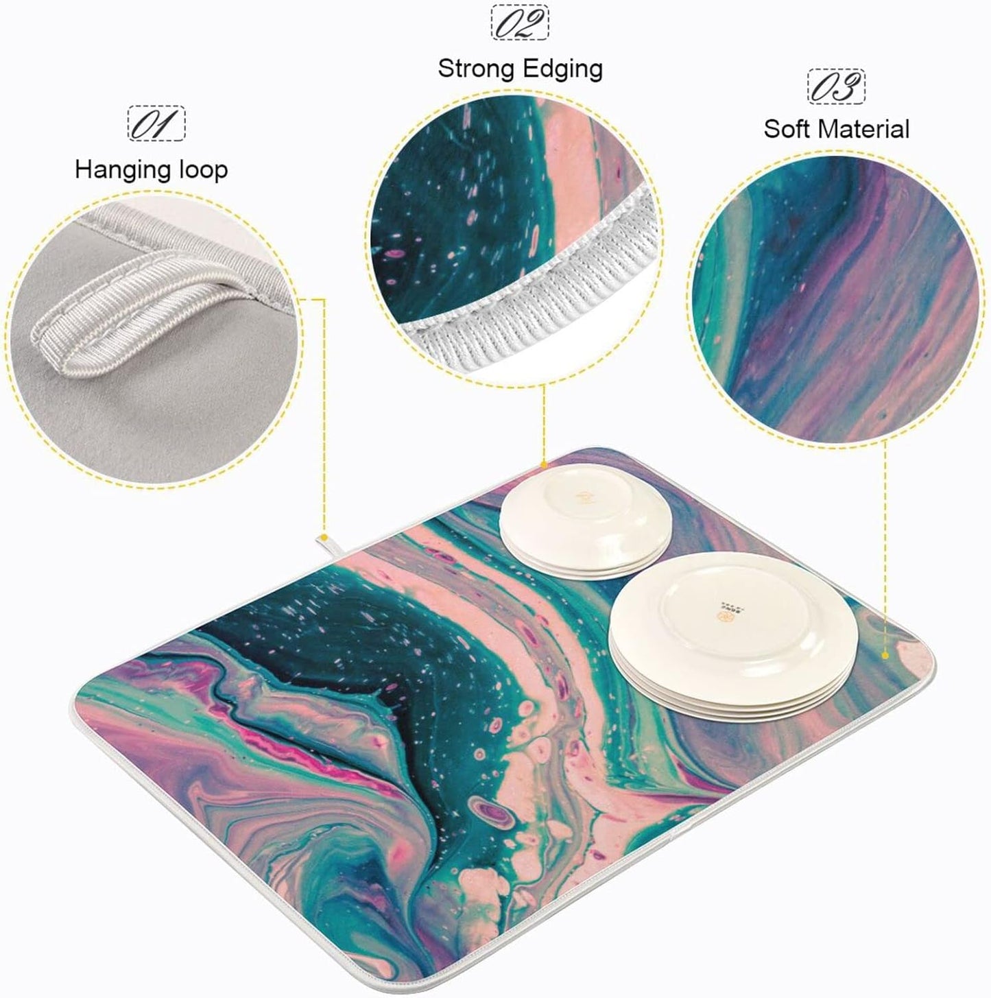 Super Absorbent Dish Drying Mat, Microfiber Fast-Drying Dish Mat, 24" x 18", Kitchen Dish Drying Pad, Marble Pink Green
