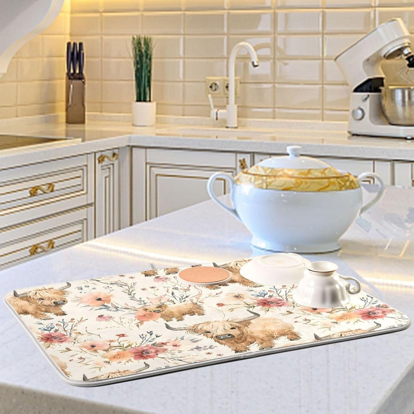 Cute Highland Cows Flowers Dish Drying Mat for Kitchen Counter Absorbent Microfiber Drying Pad, Large 18x24 in, Reversible Drainer Mats