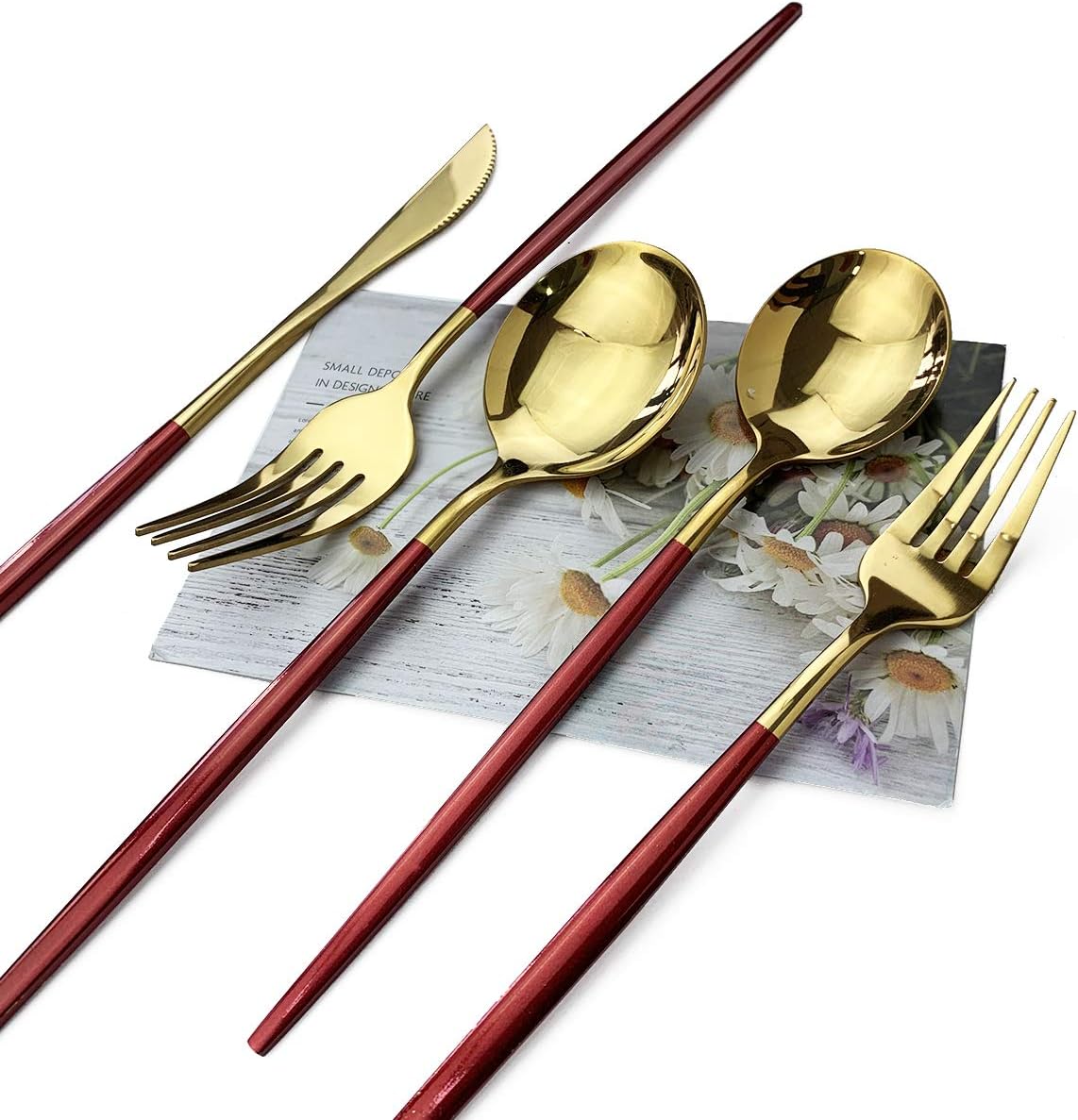 Red Gold Silverware Set, JASHII 20-Piece Stainless Steel Satin Finish Flatware Set, Kitchen Utensil Set, Mirror Polished Tableware Cutlery Set for Home and Restaurant, Dishwasher Safe