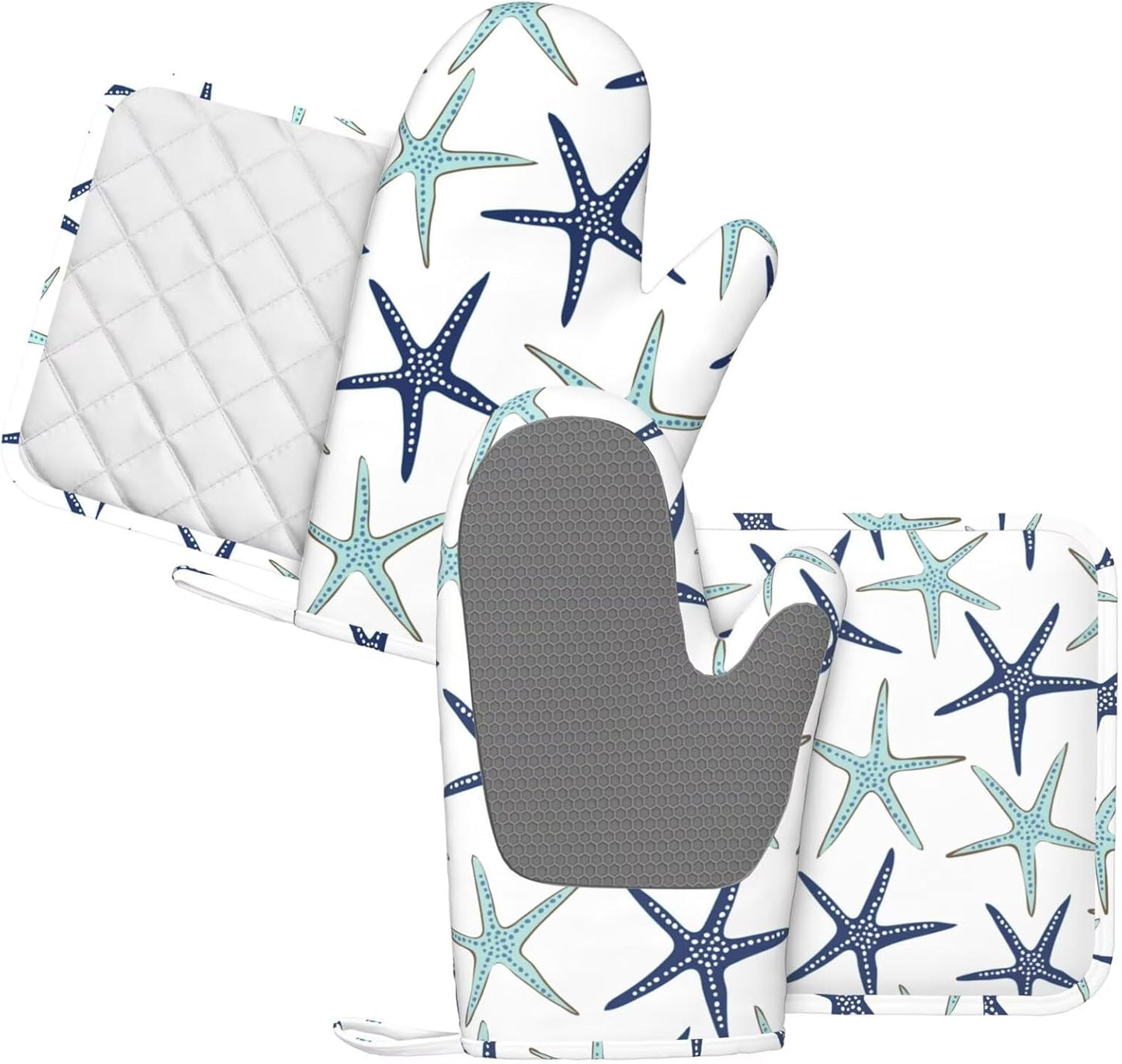 Sea Stars Oven Mitts and Pot Holders Set of 4 Silicone Navy Blue Turquoise Coastal Sea Stars Kitchen Mitten Gloves and Non-Slip Potholders Set Heat Resistant Oven Gloves Hot Holders for BBQ