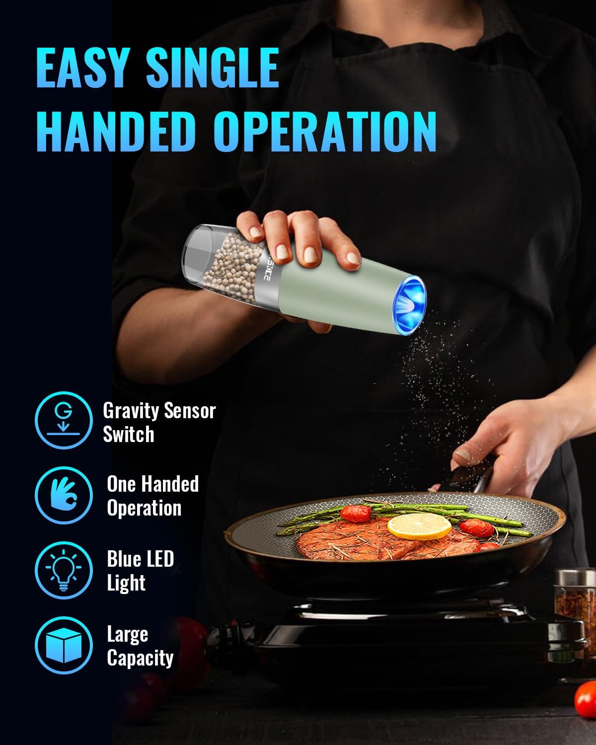 Gravity Electric Pepper and Salt Grinder Set, Adjustable Coarseness, Battery Powered with LED Light, One Hand Automatic Operation,Light Green, 2 Pack