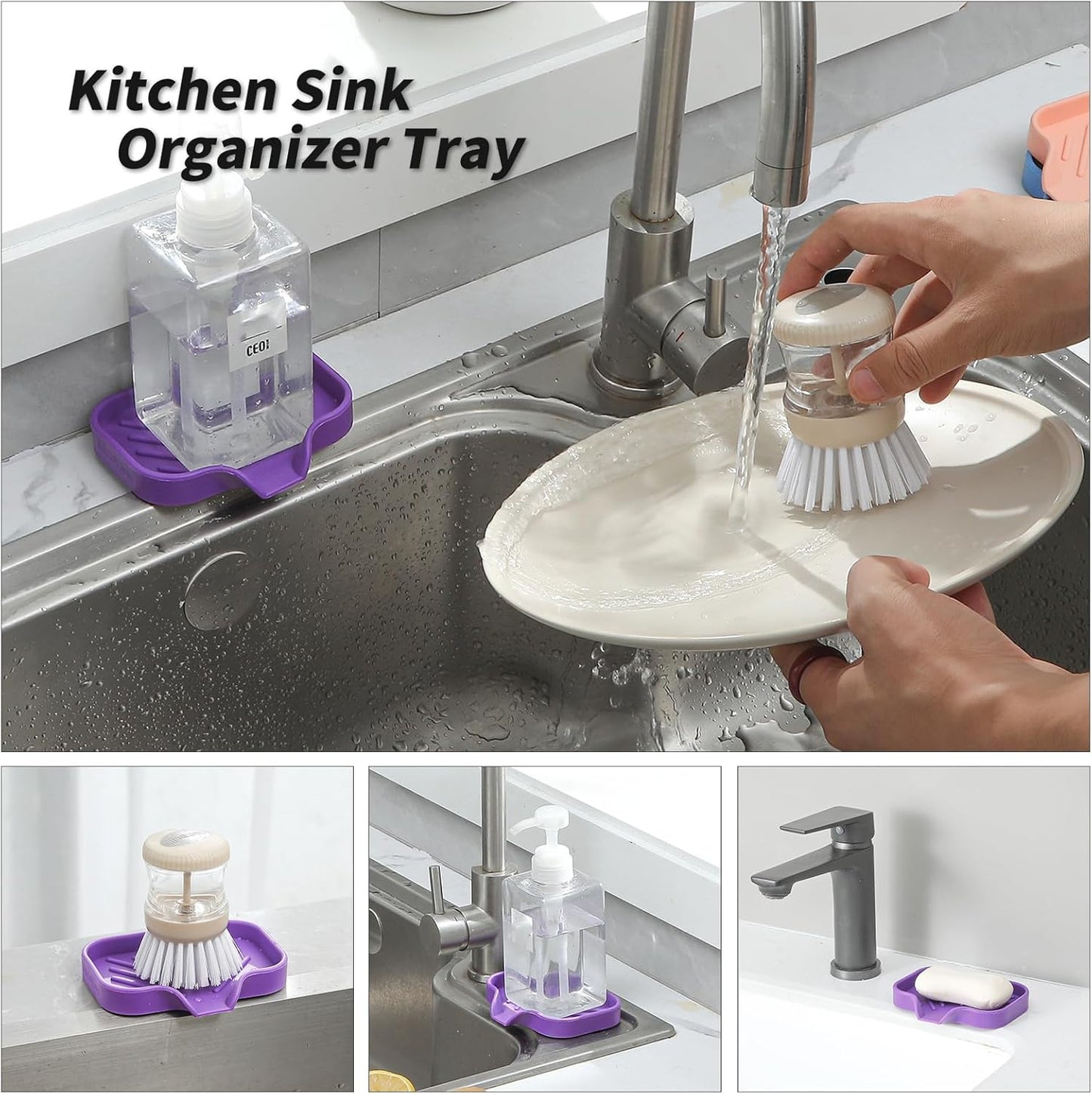 Silicone Bathroom Soap Dishes with Drain Spout-Bathroom and Kitchen Sink Organizer,Sponge Holder,Dish Soap Tray,Perfect for Dispenser,Scrubber,Bottle,Cup on Sink or Counter-Purple 4.9"×3.2"
