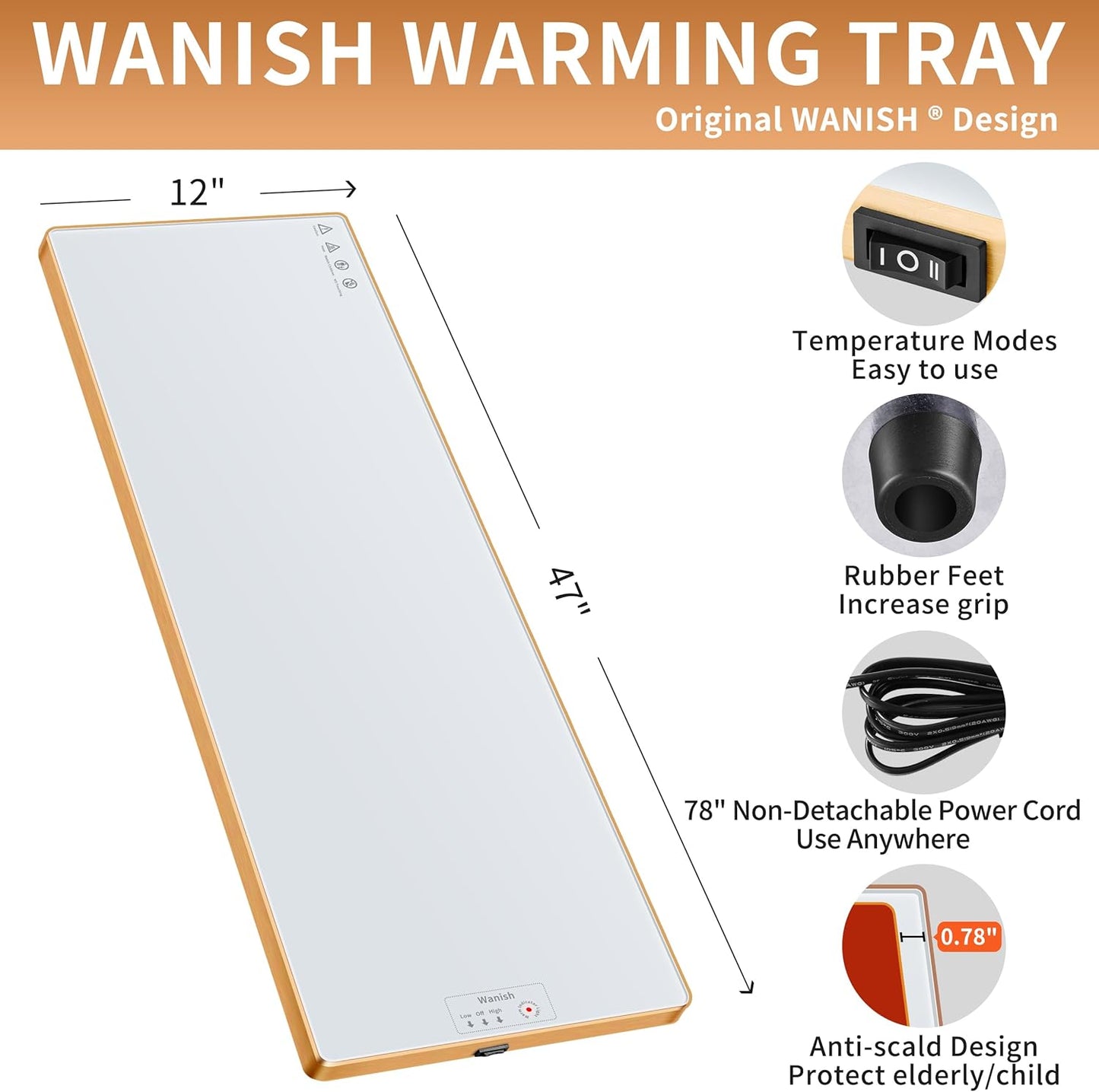 Electric Warming Tray (Extra Long 47”x12”)，Food Warmers for Parties Buffet & Gathering, Food Warming Mat with Thermostat, Tempered Glass Warming Mat for Food with Adjustable Temperature Modes, White