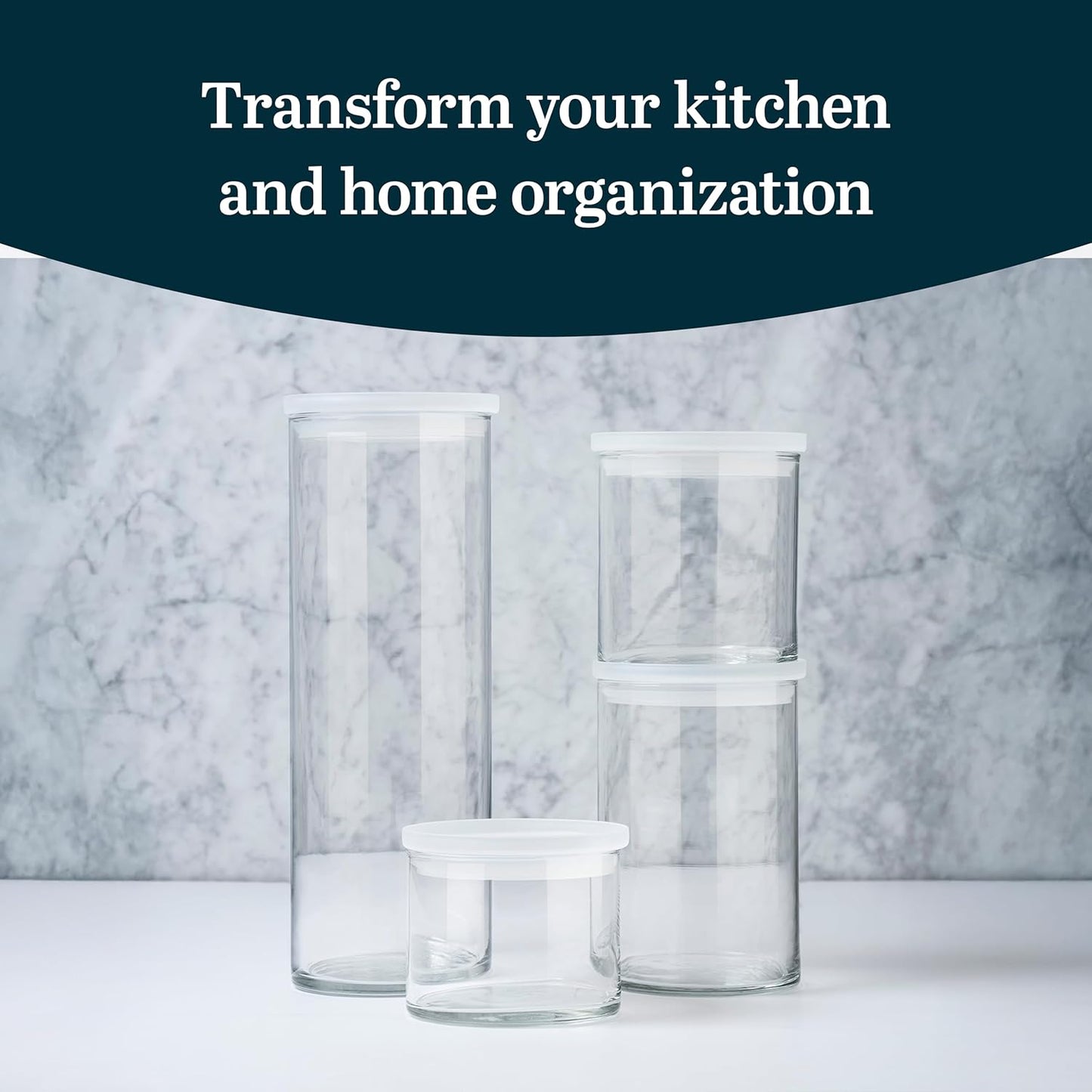 Libbey Stacking Cylinder Assorted Storage Jars, Stackable Glass Jars Set of 4, Airtight Plastic Lids, Dishwasher Safe Food Jars for Storing Dry Goods