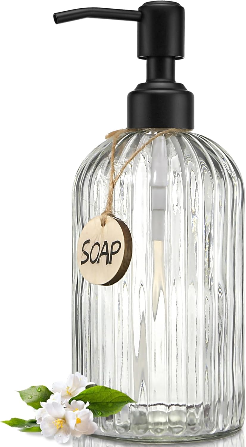 JASAI 18Oz Simple Glass Soap Dispenser with Black Rust Proof Pump,Refillable Kitchen soap Dispenser with Vertical Stripe, Bathroom Soap Dispenser for Dispense Hand soap, Dish Soap, Lotion.