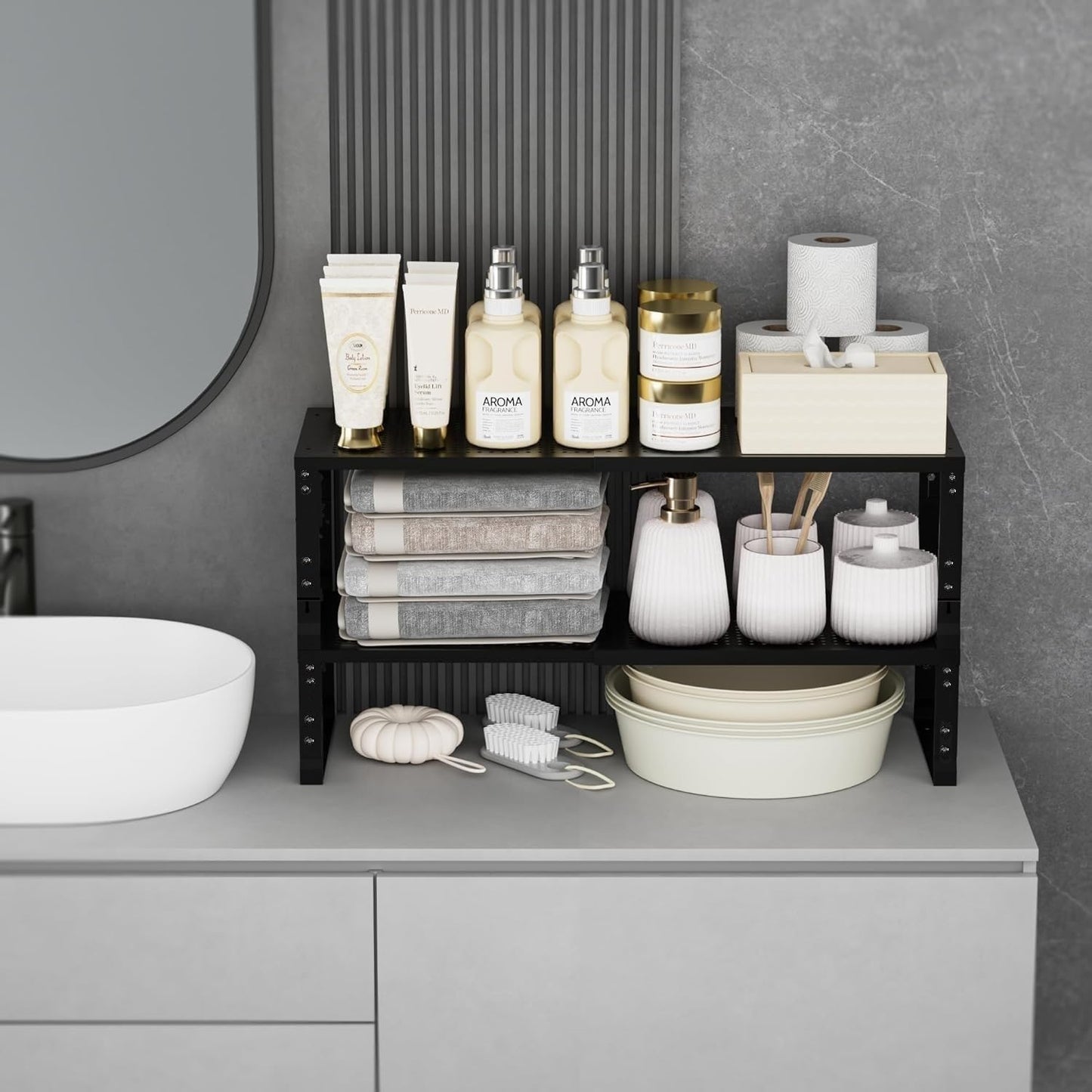 Expandable Spice Rack,Stackable Storage for Cabinet, Multi-Functional Kitchen Shelving,Height-Adjustable,Sustainable Organizer Solution(2Packs/Black/Medium)