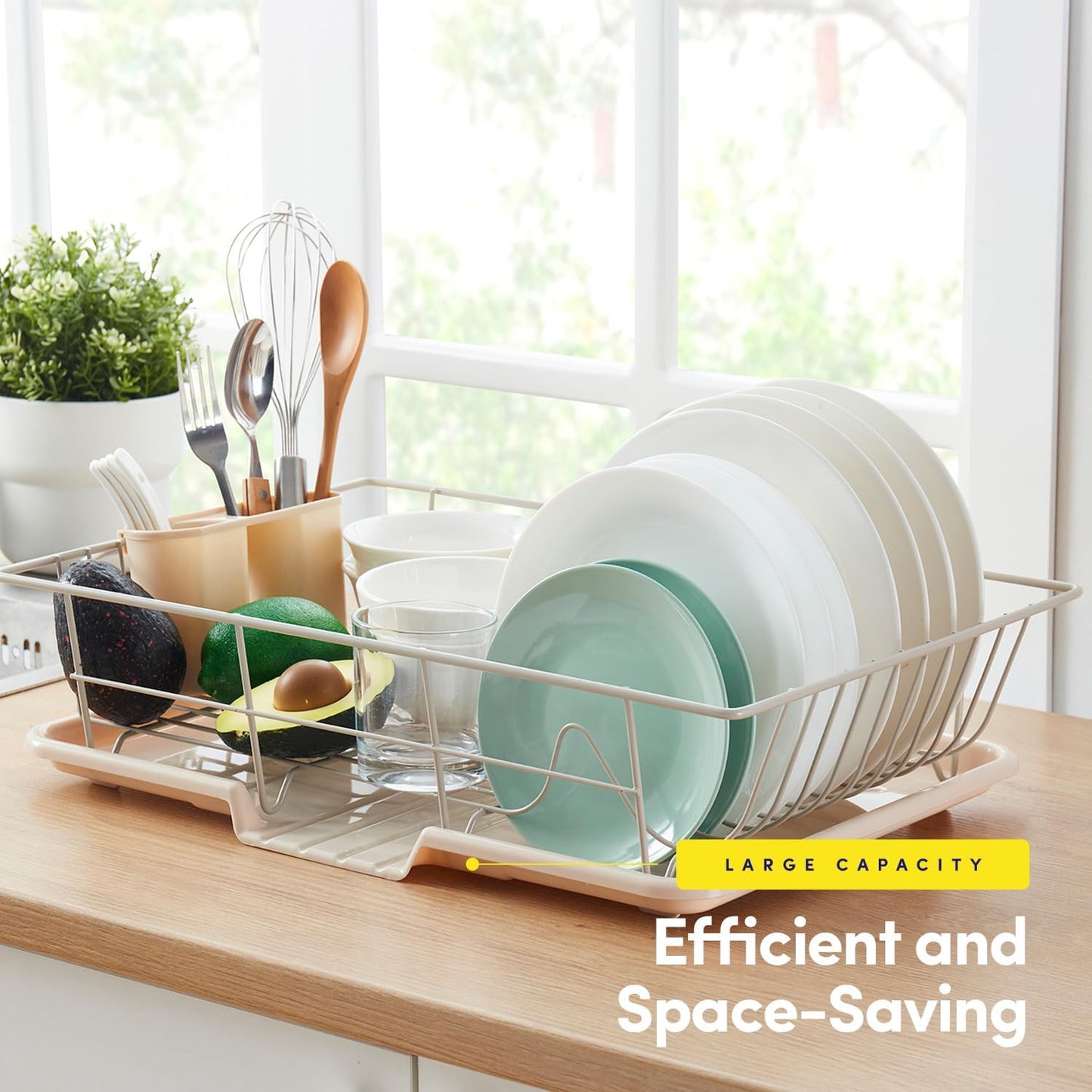 Sweet Home Collection Space-Saving 3-Piece Dish Drainer Rack Set: Efficient Kitchen Organizer for Quick Drying and Storage - Includes Cutlery Holder and Drainboard - Maximize Countertop Space, Beige