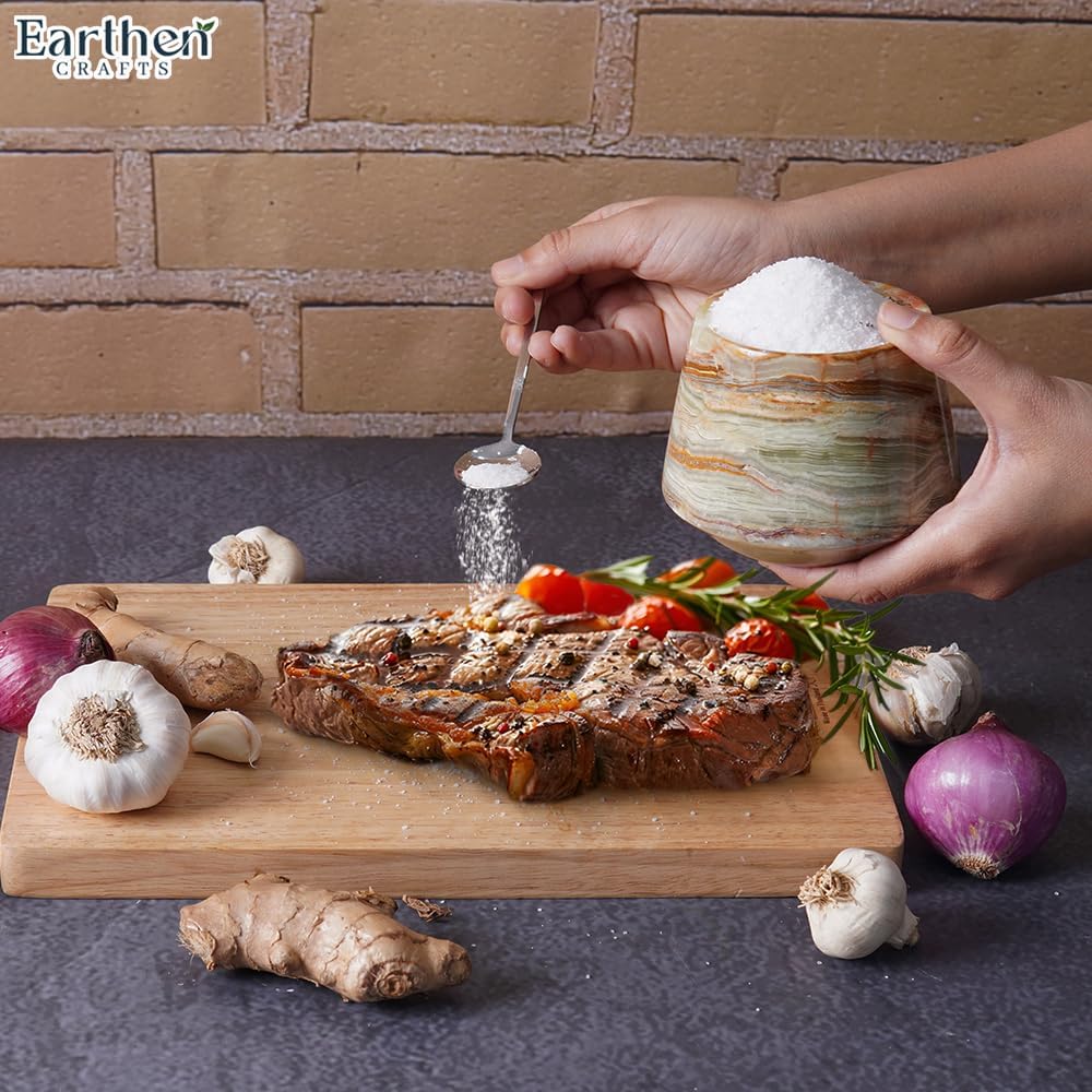 Marble Salt Cellar With Lid & Spoon Green Onyx 4" Salt Box, Stone Salt Container & Spice Jars, Stone Salt Holder for Counter, Spice Jar & Salt Jar