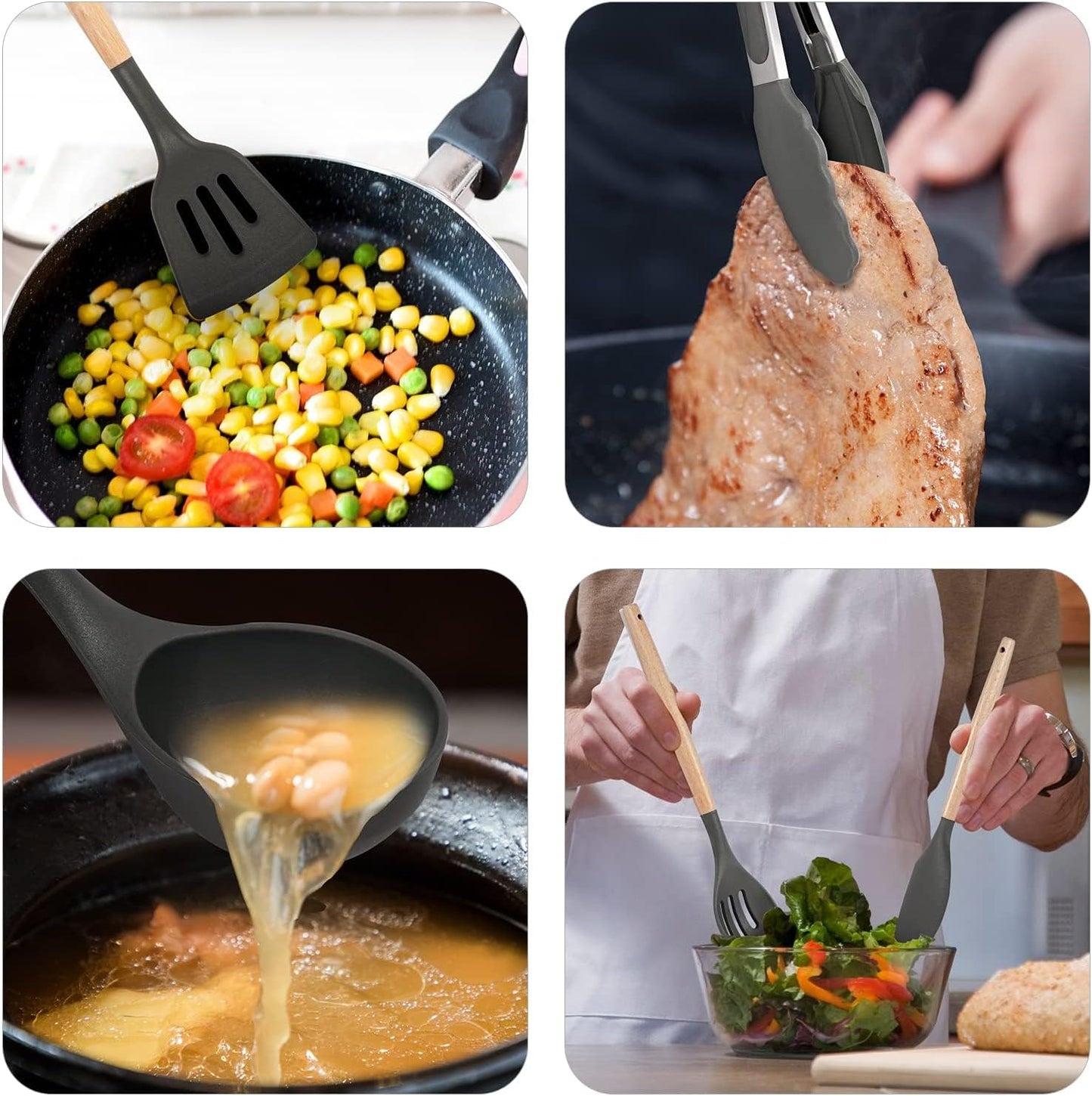 Non-Stick Silicone Cooking Utensils Set, 5 Pcs with Wooden Handle, Heat Resistant Silicone Kitchen Gadgets (Gray)