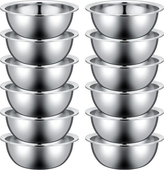 Pinkunn Set of 12 Stainless Steel Mixing Bowls, Nesting Metal Prep Salad Bowl Bulk Kitchen Large Reusable Baking Food Container for Hotel Restaurant Home Cooking, Silver(10.2 x 3.26 Inch)