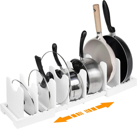 MinBoo Bamboo Expandable Pot Lid Organizer Pot Lid Holder, Pot and Pan Organizer Drawer Organizer for Pot Lids, Adjustable Dividers for Kitchen Cabinet Organizers and Storage,White,Large