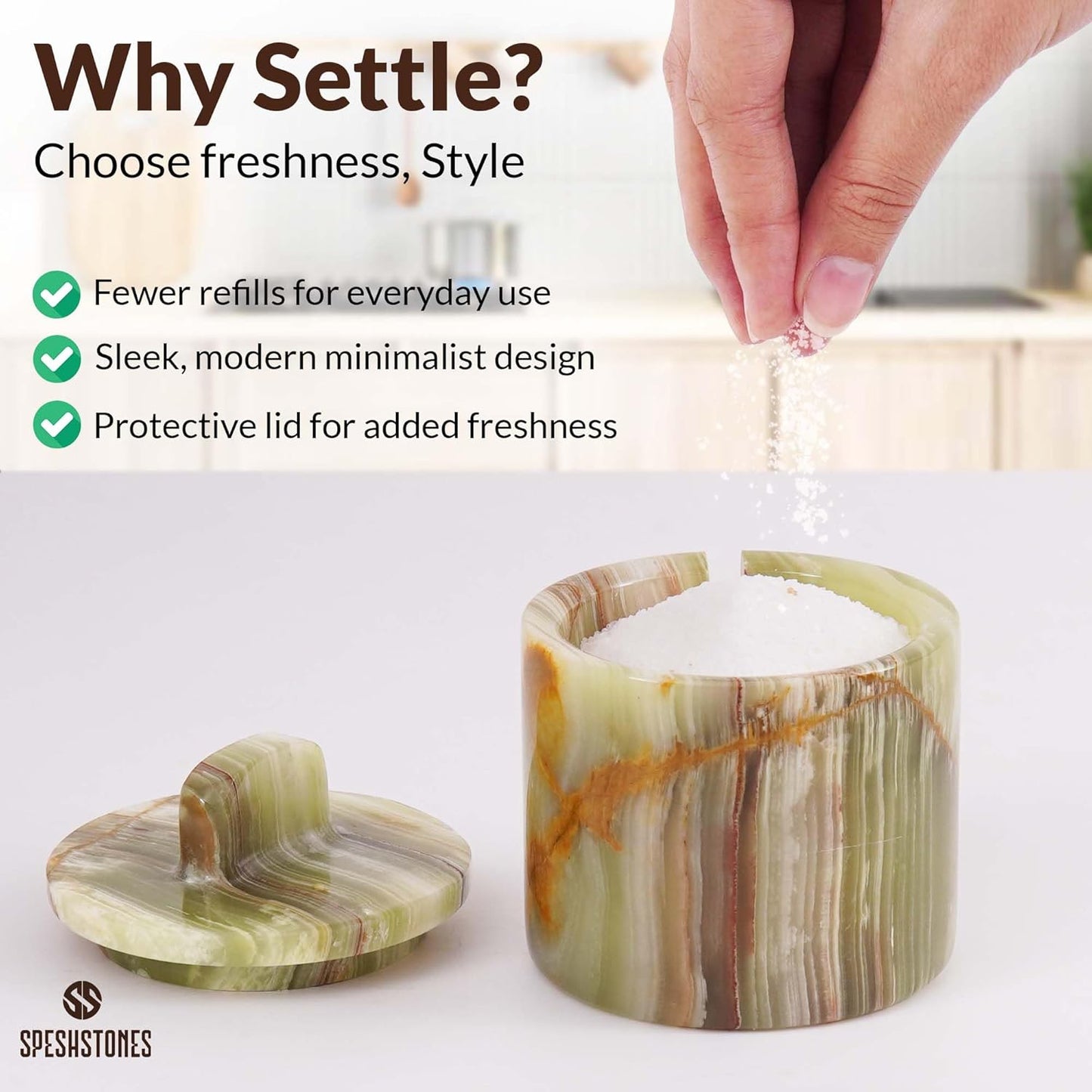 Marble Salt Cellar with Lid and Spoon 4 Inch Handmade Green Small Seasoning Containers - Decorative Spice Jars, Sugar Bowl & Flaky Salt Dish for Kitchen Countertop Storage