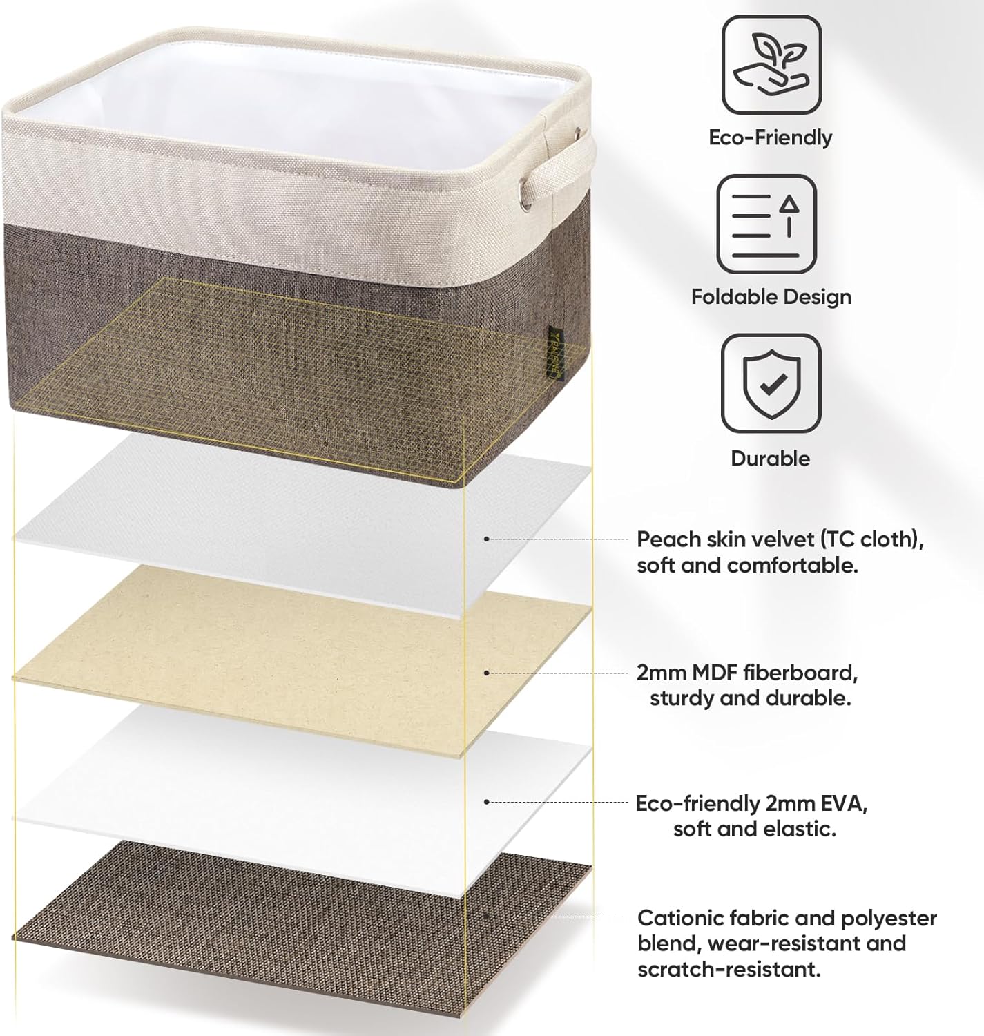 BALEINE 3 Pack Fabric Storage Bins for Shelves, Linen Storage Baskets for Organizing, Decorative Closet Bins for Clothes, Home (Brown, 12"x8"x8")