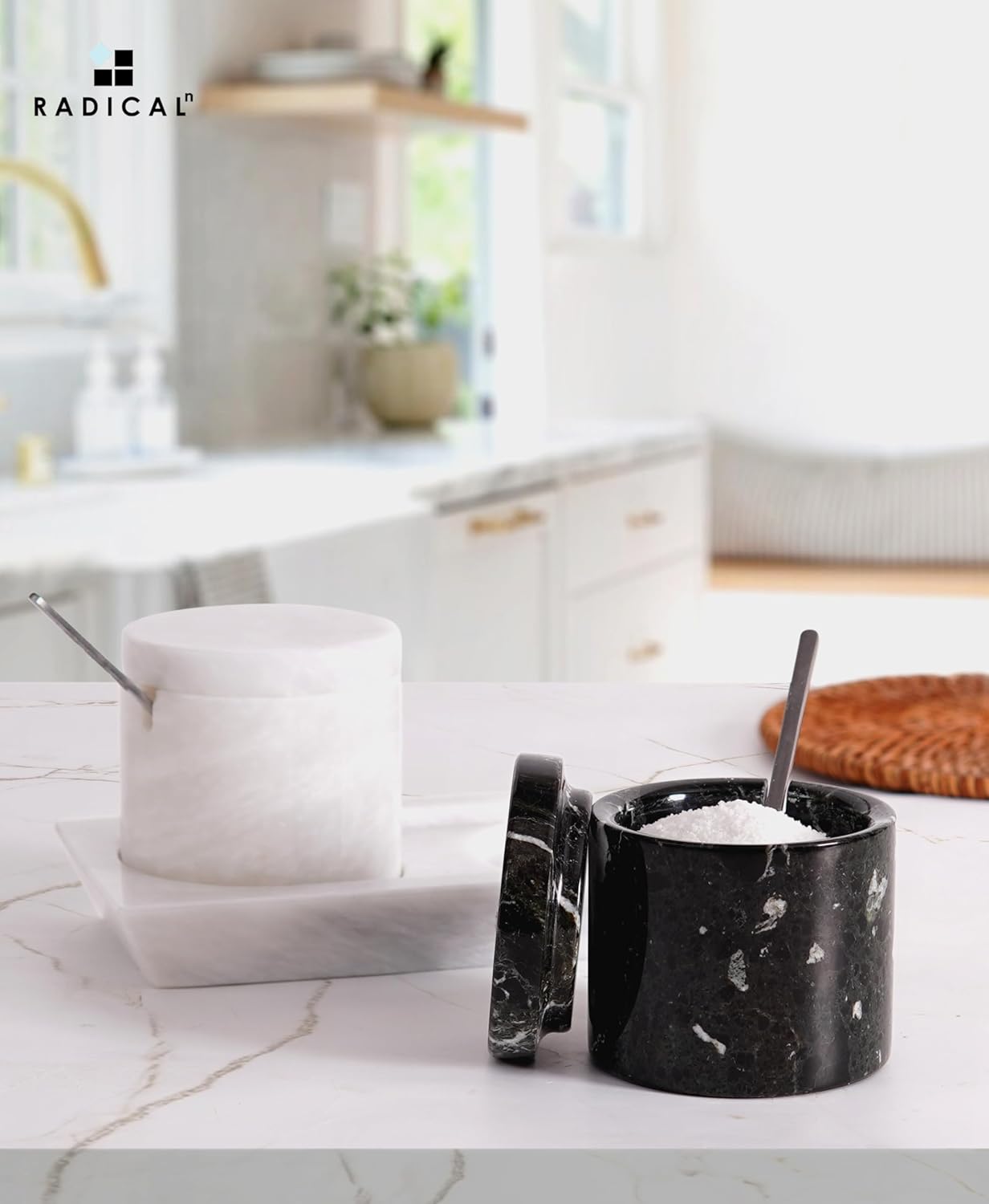 Radicaln Marble Salt Cellar With Lid and Tray 3" Inch Black and White Salt Container, Set of 2 Seasoning Jars, Spice Storage Container and Salt Bowl for Kitchen Countertop