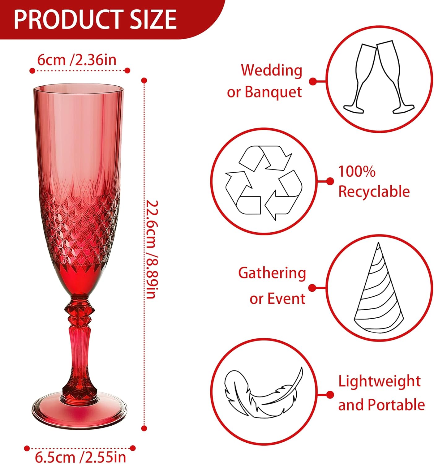 Plastic Champagne Flutes, 24PCS Dark Red Plastic Wine Glasses Goblets Reusable Champagne Flute for Weddings, Christmas, Bachelor Parties, Toasting, and Events(24, Dark Red)