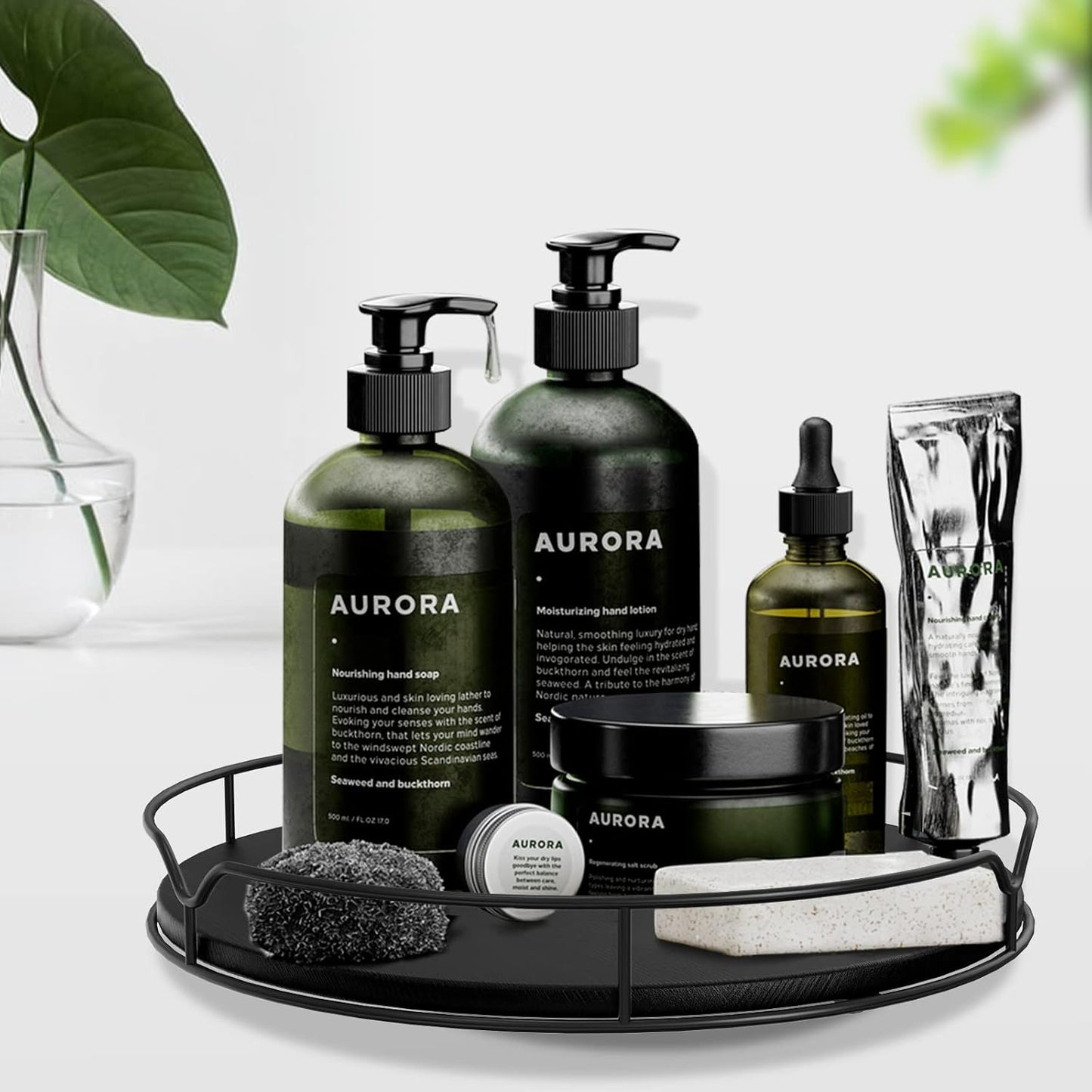 Lazy Susan Turntable Organizer with Anti-Slip Mat for Cabinet Pantry Kitchen Countertop Refrigerator Office, Pine Wood, 13", Black