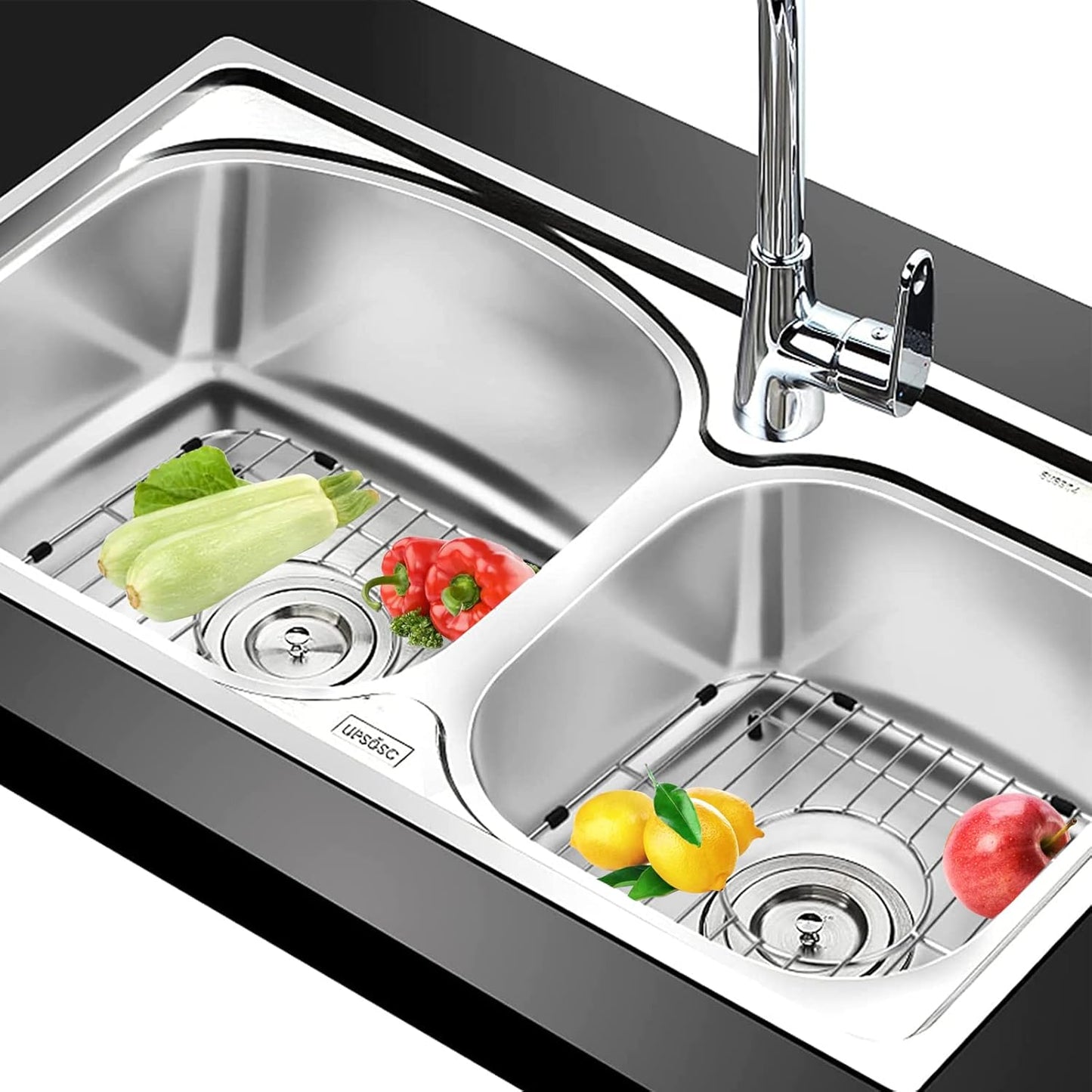 Orgneas Sink Protectors for Kitchen Sink, Universal Double Bowl Sink Bottom Grid 13.2"x11.6"x1.25", 304 Premium Stainless Steel Kitchen Sink Protector Grid Sink Grate Rack Centered Drain 2 Packs