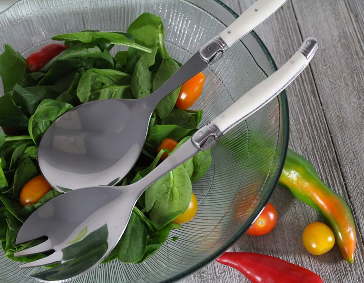 French Home Laguiole Connoisseur (Faux Ivory) Salad Servers 2 Piece Set — Stainless Steel Flatware Set — Salad Serving Utensils — Silverware Set Spoon and Fork Set — Dining Utensils Set