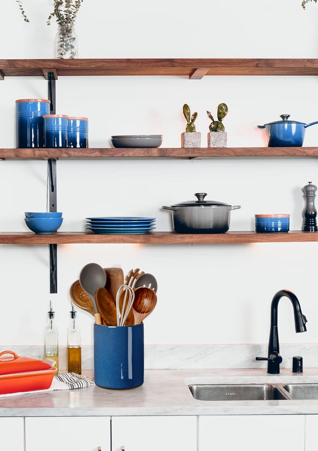 Nucookery Utensil Holder, 6.4" Ceramic Kitchen Utensil Holder for Countertop with Protection Cork Bottom, Vintage Farmhouse Kitchen Decor for Counter, Gift (Royal blue)