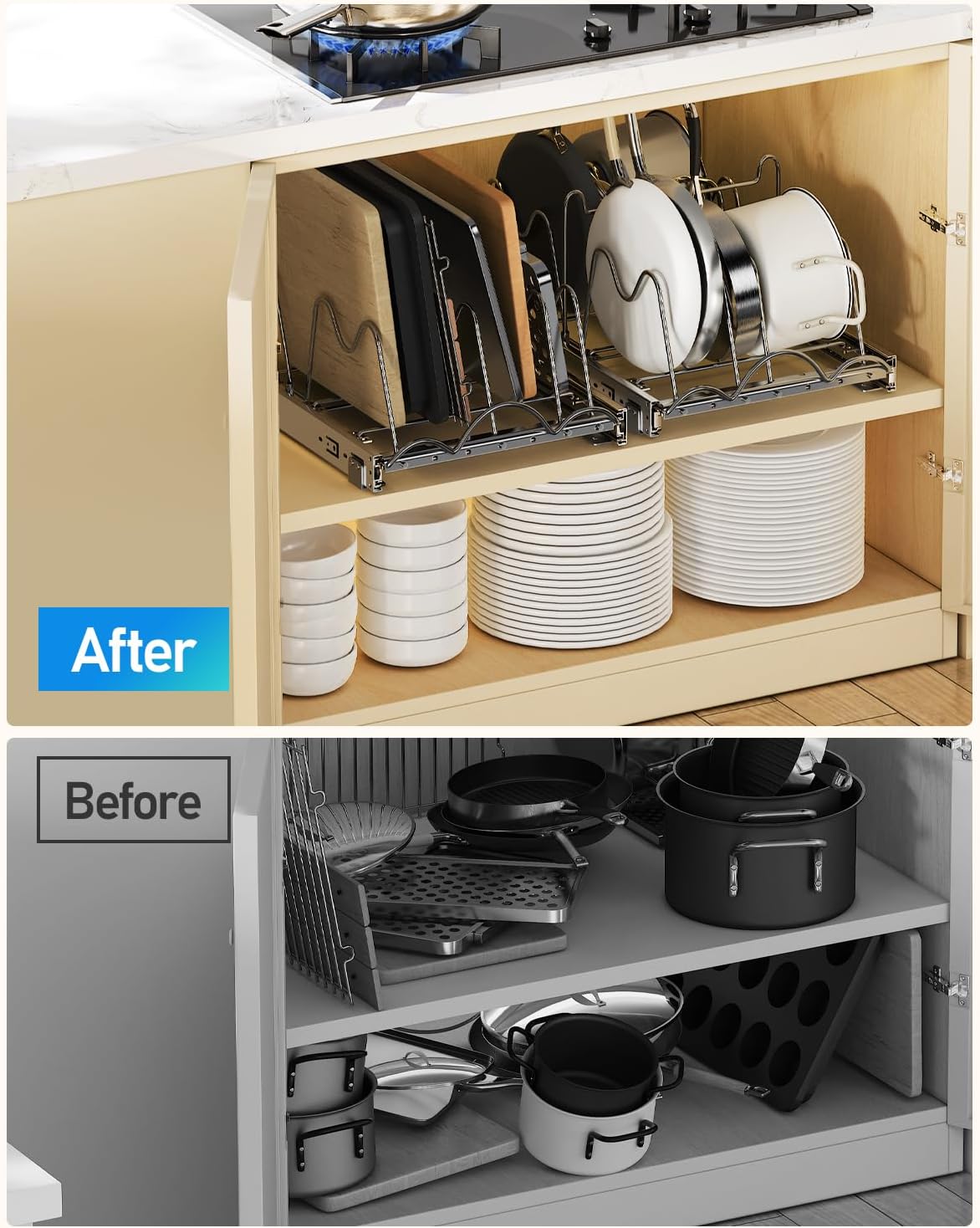 Pull Out Pots and Pans Organizer Under Cabinet, Slide Out Pot Lid Holder, Baking Tray and Cookie Sheet Storage, Adjustable Width, Fully Extendable Kitchen Cabinet Organizers(11’’W×17’’D)