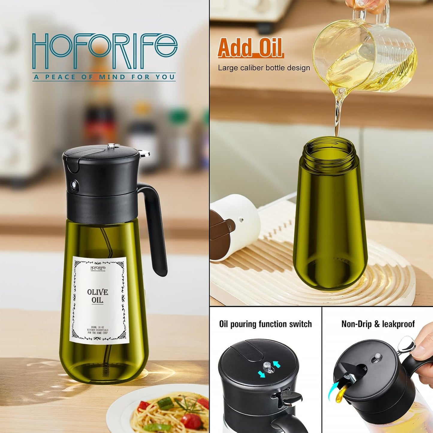 Glass Olive Oil Dispenser for Kitchen, 2 In 1 Oil Dispenser Bottle & Oil Sprayer for Cooking, Auto Flip Cap, 18oz Black (Light Blockage)