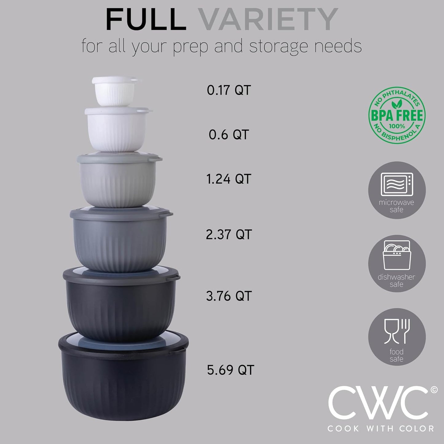 COOK WITH COLOR Prep Bowls with Lids- Wide and Deep Nesting Plastic Small Mixing Bowl Set with Lids, 12 Piece Set - Deep Bowls, Black/White