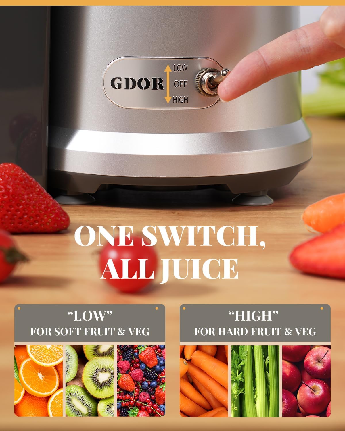 GDOR 1200W Juicer, 3.2" Wide Chute, Titanium-Enhanced Blade, Heavy-Duty Copper Motor, Dual Speed Centrifugal Juice Extractor, BPA-Free, Silver