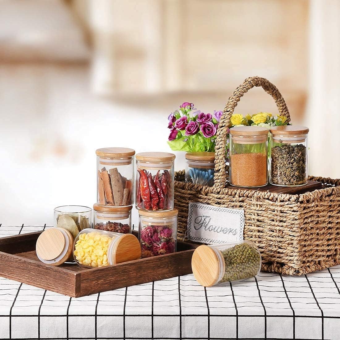 Glass Jars with Bamboo Wooden Airtight Lids 6oz 10oz Spice Jars Food Storage Containers for Home Kitchen, Tea, Salt, Pepper, Spices, Coffee, Herbs, Grains (6 OZ, 6 PCS)