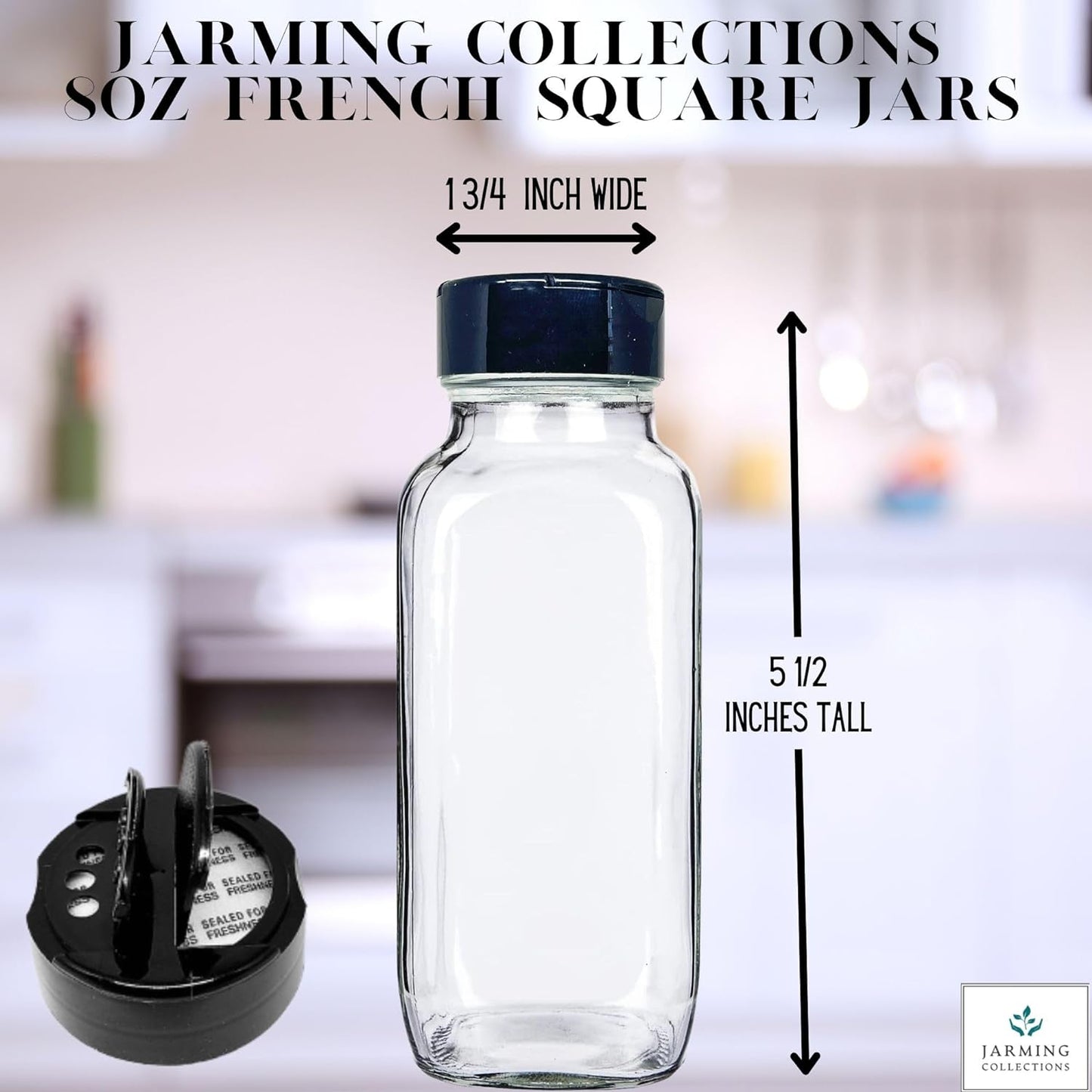 JARMING COLLECTIONS 8 oz Glass French Square Spice Jars with Shaker Lids - Elegant Design for Food Storage and Kitchen Organization - Enhance Your Spice Storage – Made in USA
