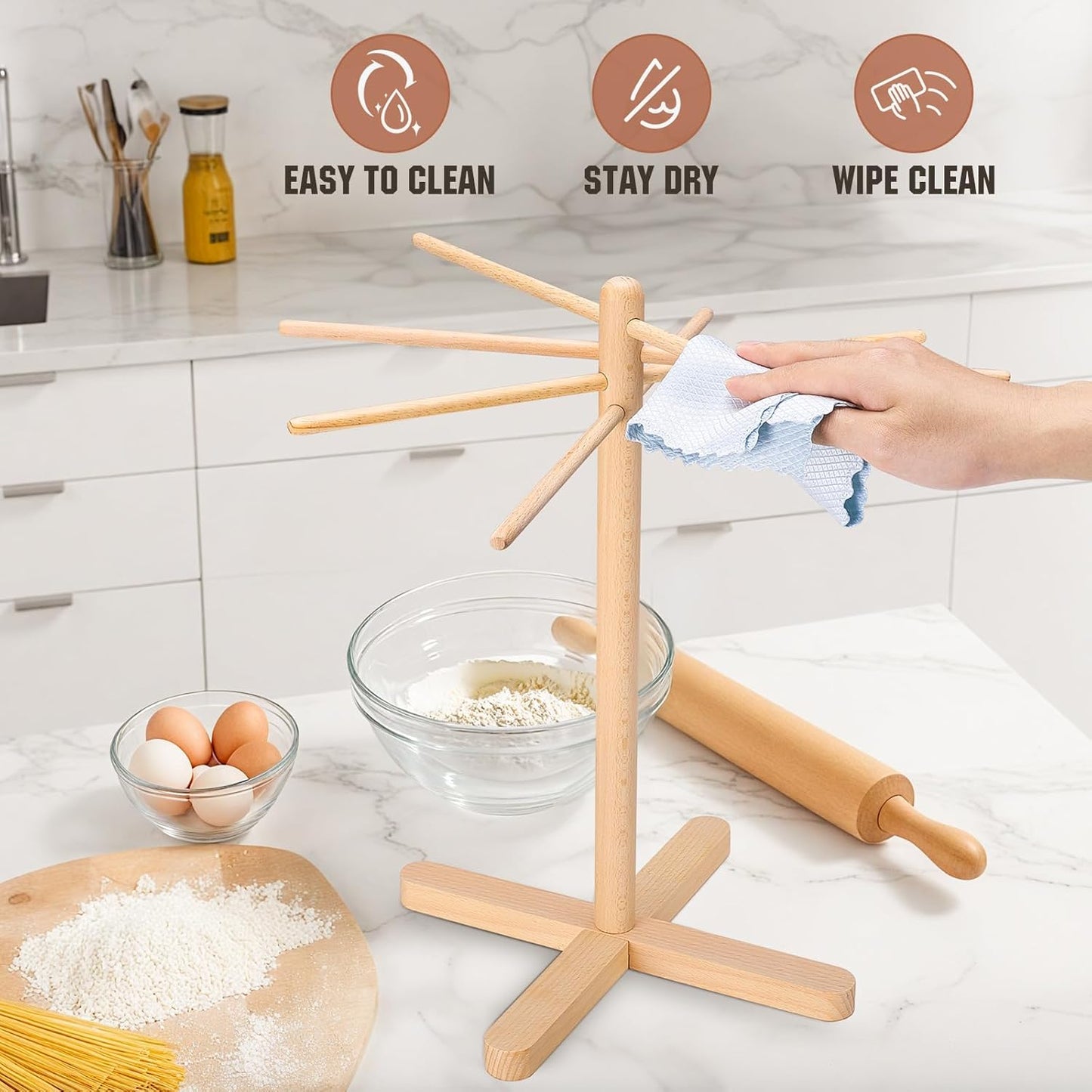 Pasta Drying Rack, Collapsible Pasta Drying Rack For Spaghetti, Easy Storage Homemade Stand Dryer Hander For Fresh Noodle, Natural wood