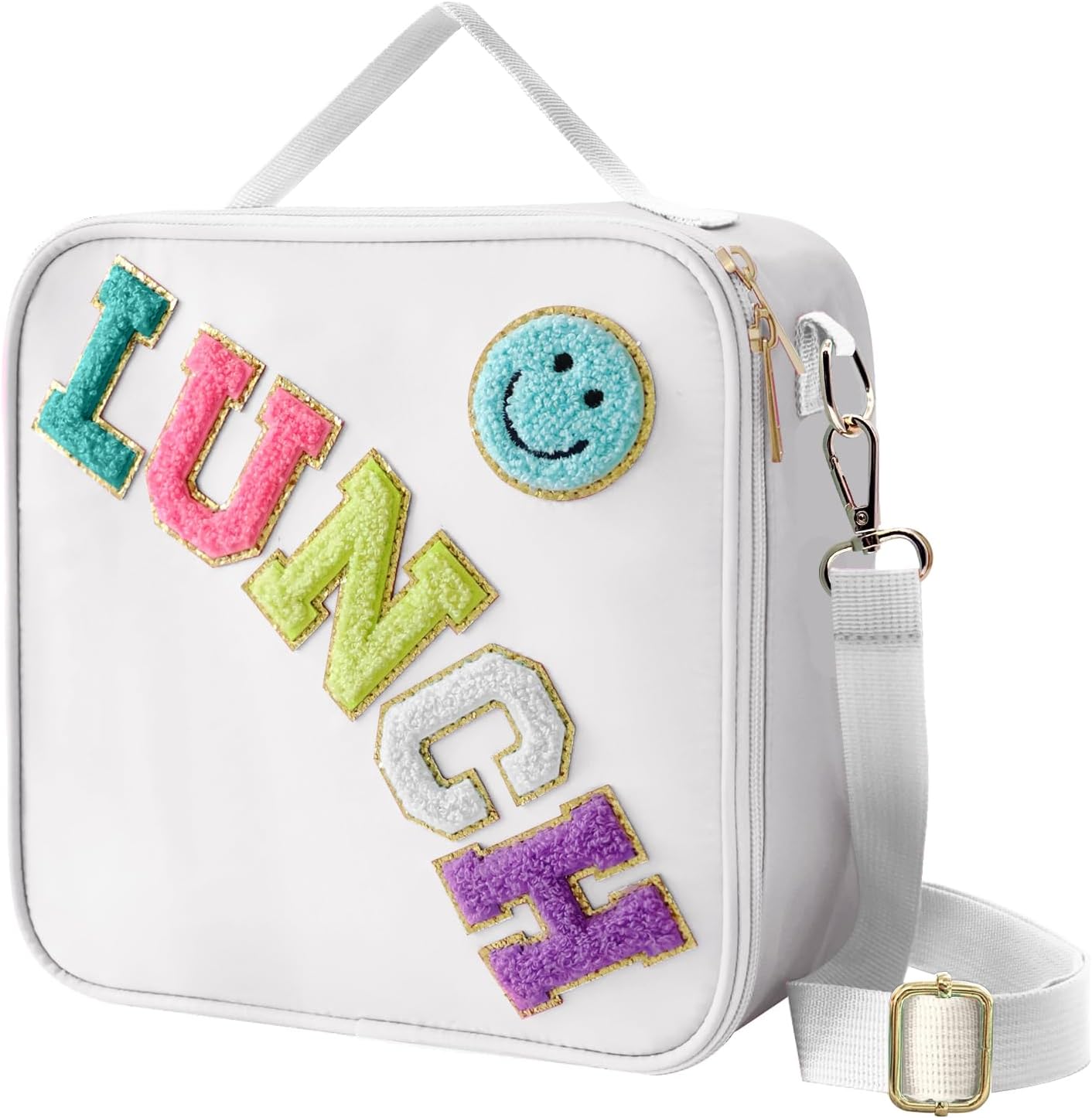 Insulated Lunch Bag With Adjustable Shoulder Strap, Nylon Preppy Lunch Box Large Insulated Lunch Bag Reusable Lunch Tote Bag with Smiley Preppy LunchBag for Girls School Travel Picnic (White)