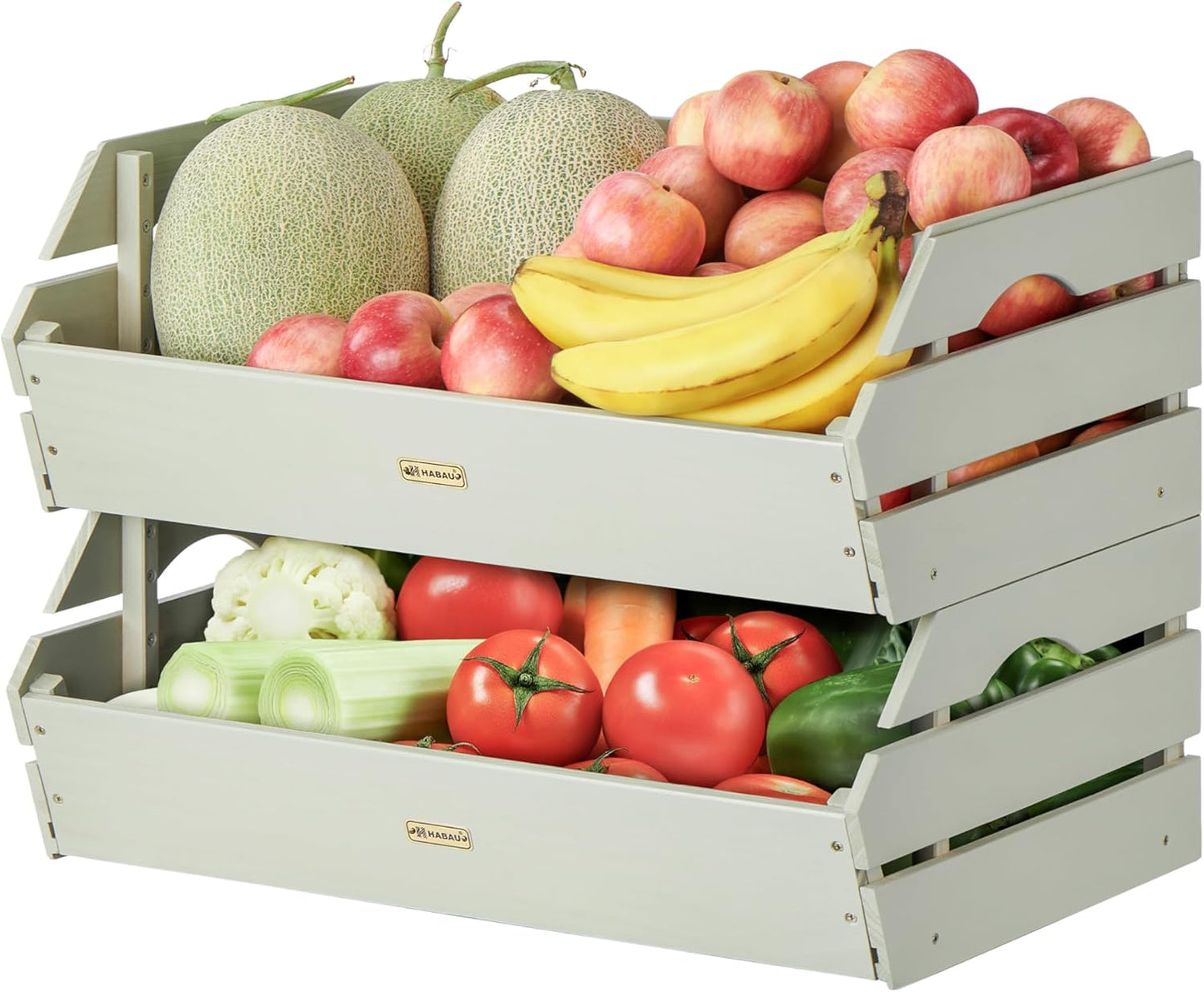 HABAU Wood Potato Onion Storage Bins - Wooden Stackable Produce Basket - Fruit Vegetable Storage for Kitchen Pantry Organization, Set 2 Pieces