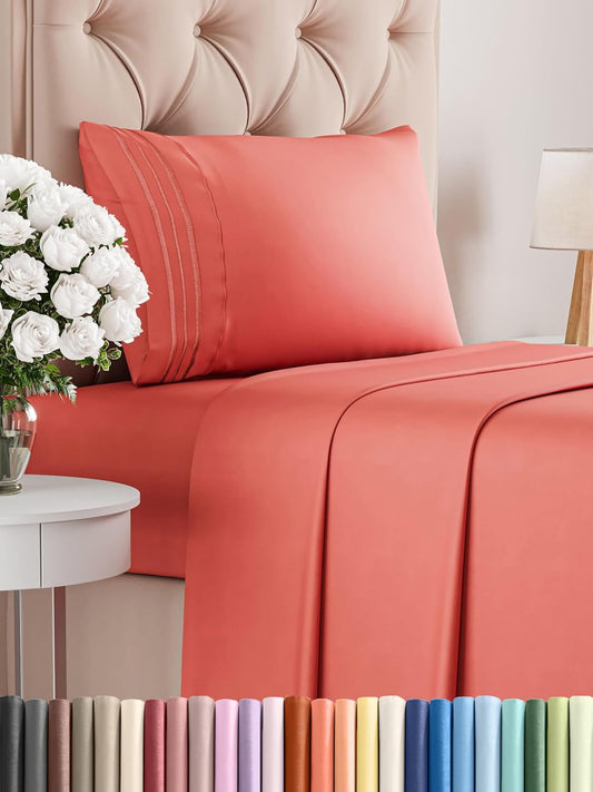 Twin Size 3 Piece Sheet Set - Comfy Breathable & Cooling Bed Sheets Set - Hotel Luxury Bedding for Women, Men, Kids, Teens, Boys & Girls - Deep Pockets, Ultra-Soft and Wrinkle Free - Oeko-Tex - Coral