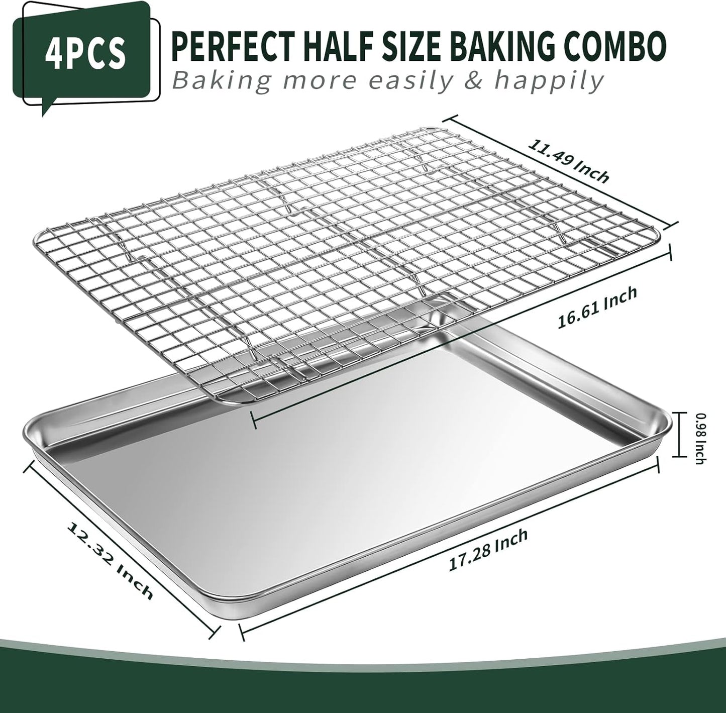 Half Sheet Pans with Rack Set [2 Pans + 2 Racks], CEKEE Stainless Half Size Large Baking Sheets with Rack -18 Inch Baking Tray Set- Rust & Warp Resistant & Heavy Duty Large Cookie Sheet