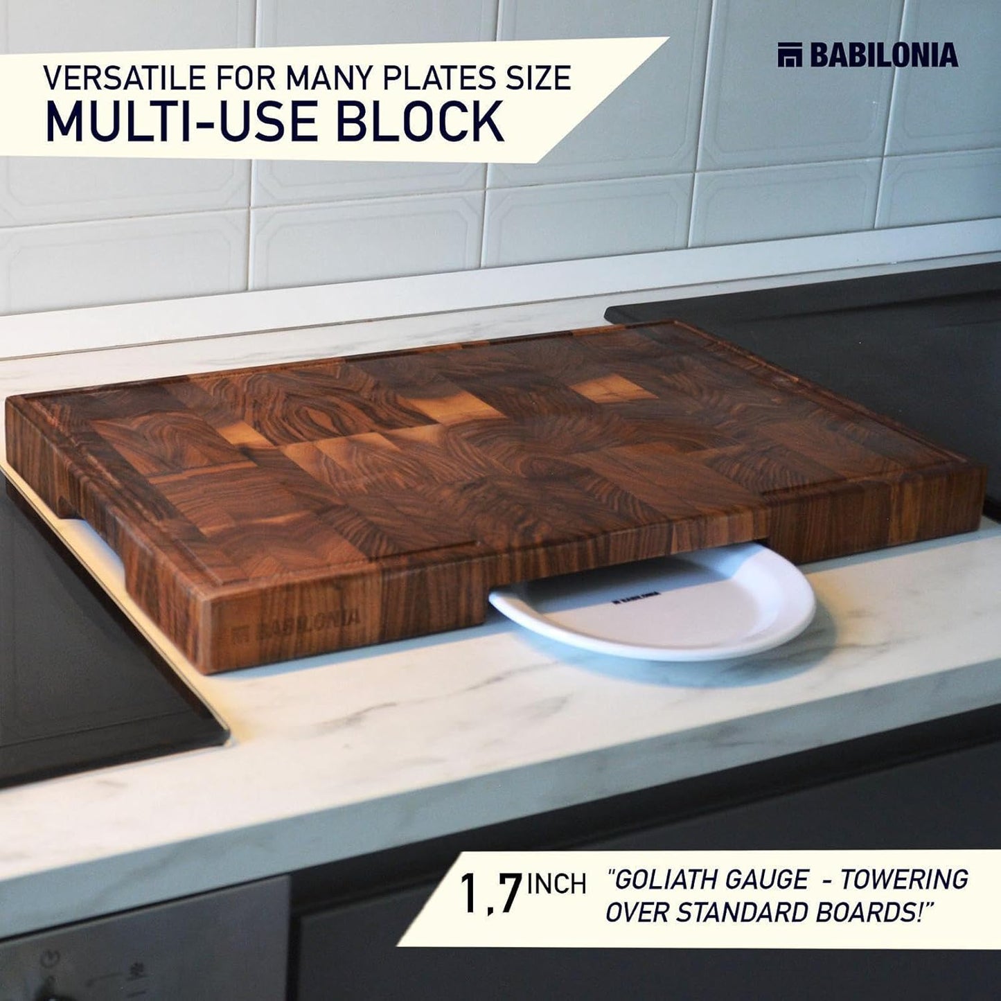 American Black Walnut Cutting Board (ExtraThick 1.7"), Premium Quality & Professional Butcher Block. Heavy Duty End Grain Wood Chopping Board 15.7"L x 10.2"W (Oil bottle & Plate included)