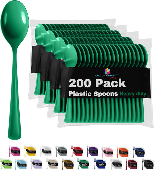 Party Solids Disposable Emerald Green Plastic Spoons 200 Pcs - Heavy Duty Modern Plastic Disposable Cutlery