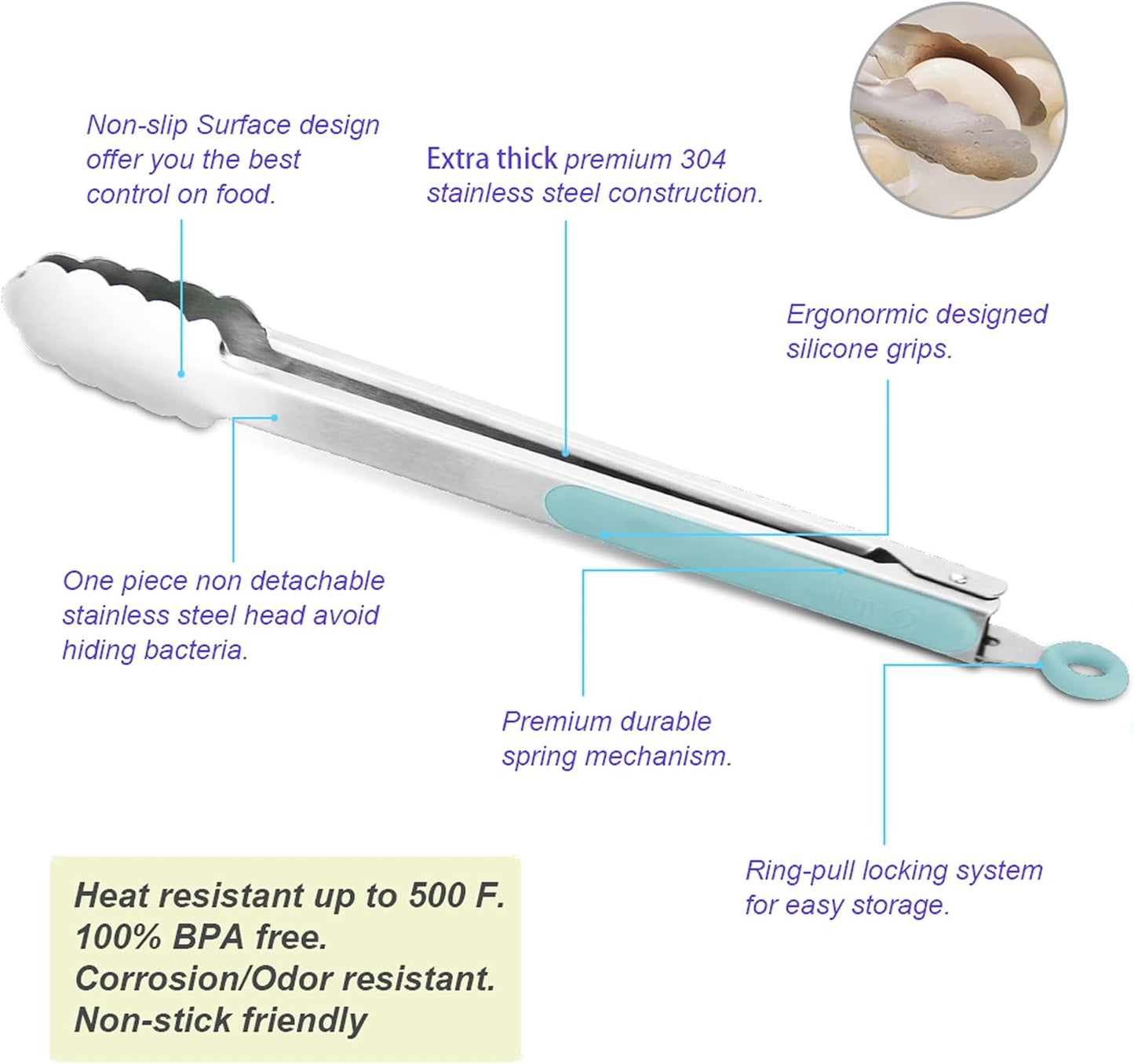 304 Stainless Steel Kitchen Cooking Tongs, 14" and 16" Set of 2 Sturdy Grilling Barbeque Brushed Locking Food Tongs with Ergonomic Grip, Aqua Sky