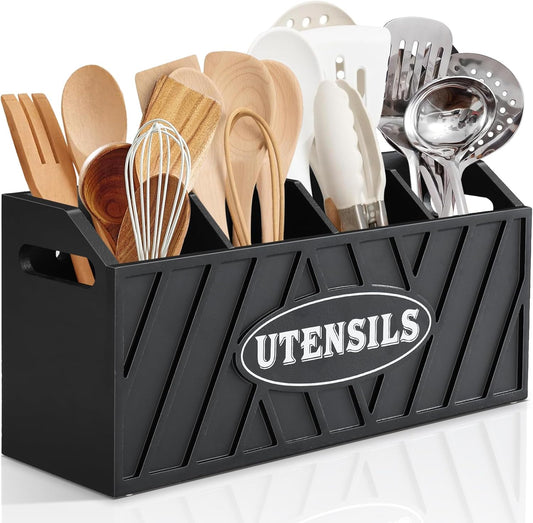 Large Wooden Utensil Holder, Black, 4 Compartments, Countertop or Wall Mount, Kitchen Gadget Organizer
