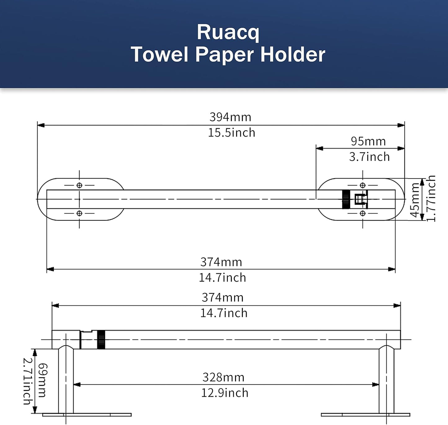 Ruacq Matte Black Paper Towel Holder Double Post Pivoting Round Base Under Cabinet Paper Towel Holder for Kitchen Self-Adhesive or Drill mounting