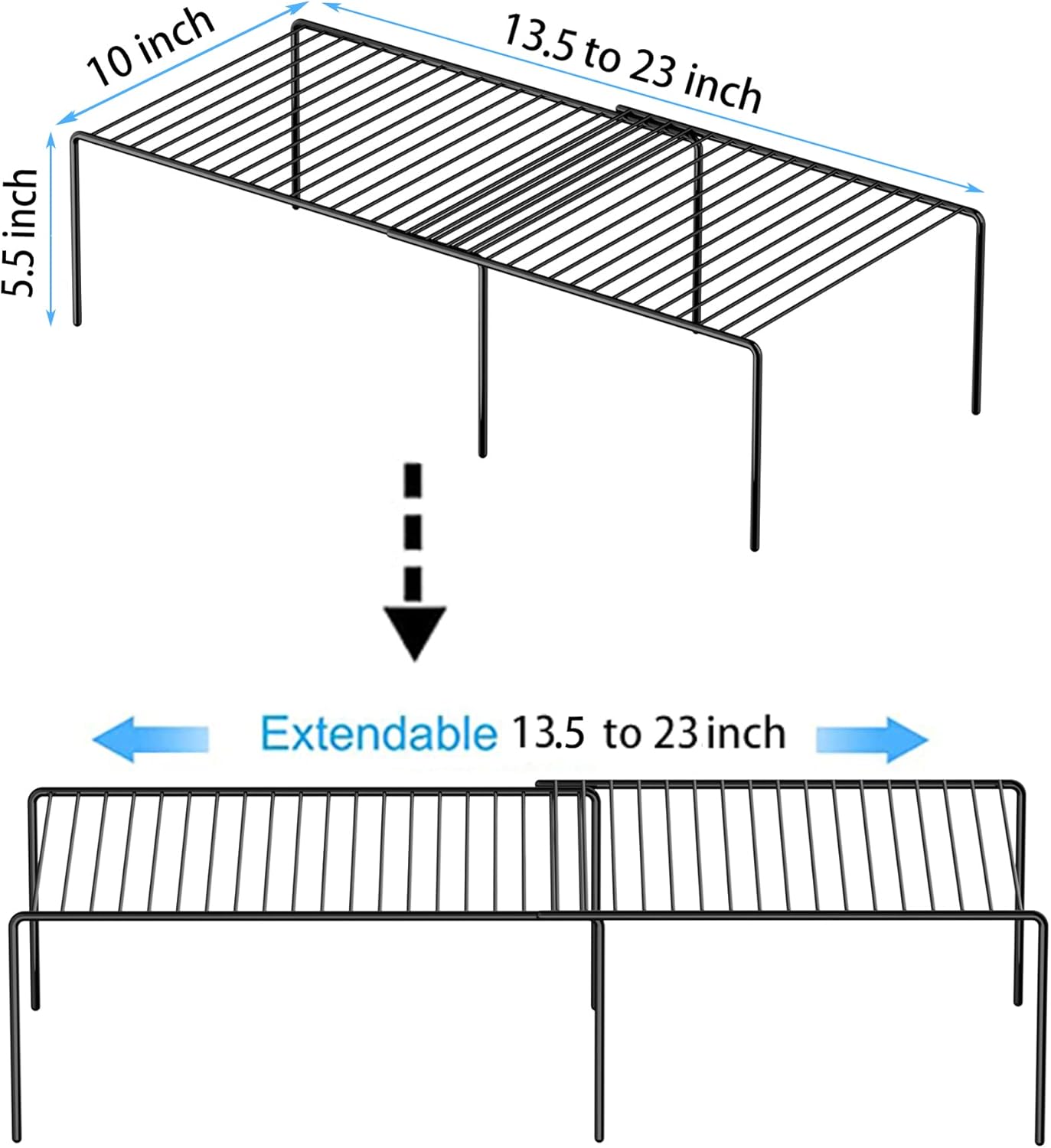 Redrubbit Expandable Shelf Rack, Rustproof Metal Storage Organizer for Kitchen, Fridge, Bathroom, Black