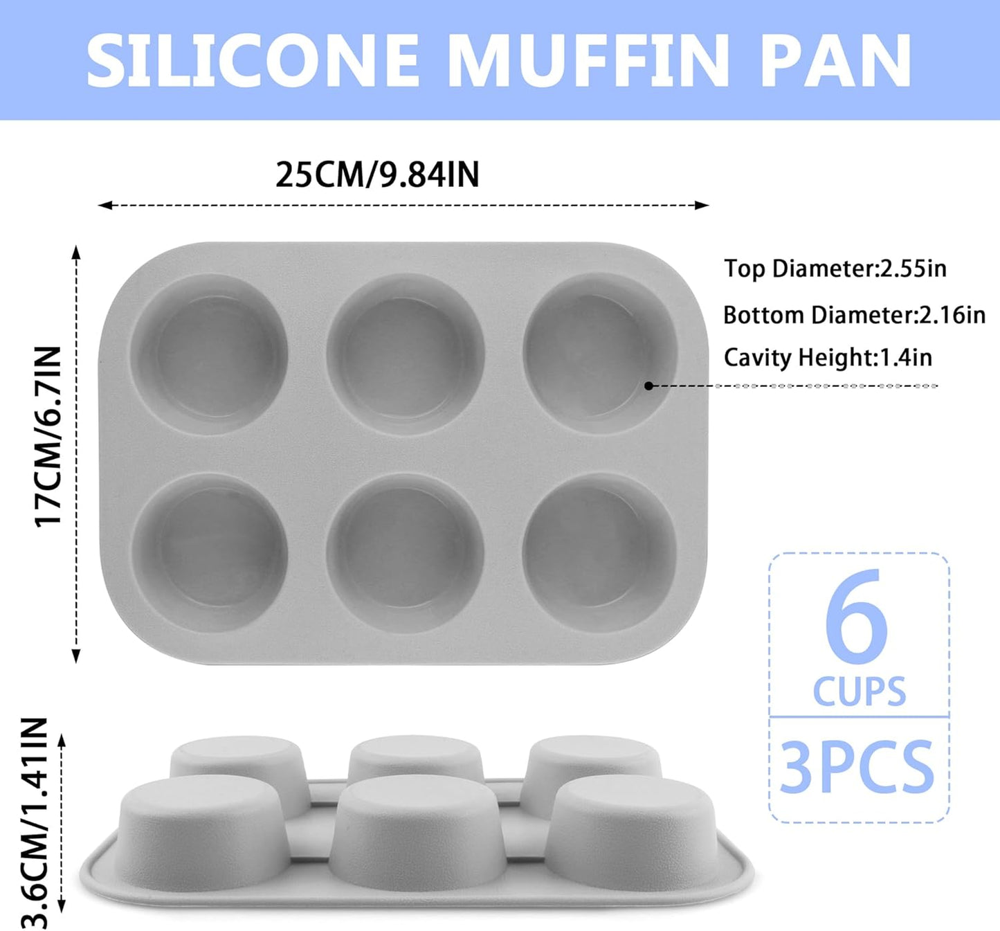 3-Pack 6-Cup Silicone Muffin Pans, Nonstick Cupcake Baking Molds, BPA/PFA-Free, Dishwasher & Oven Safe - Gray